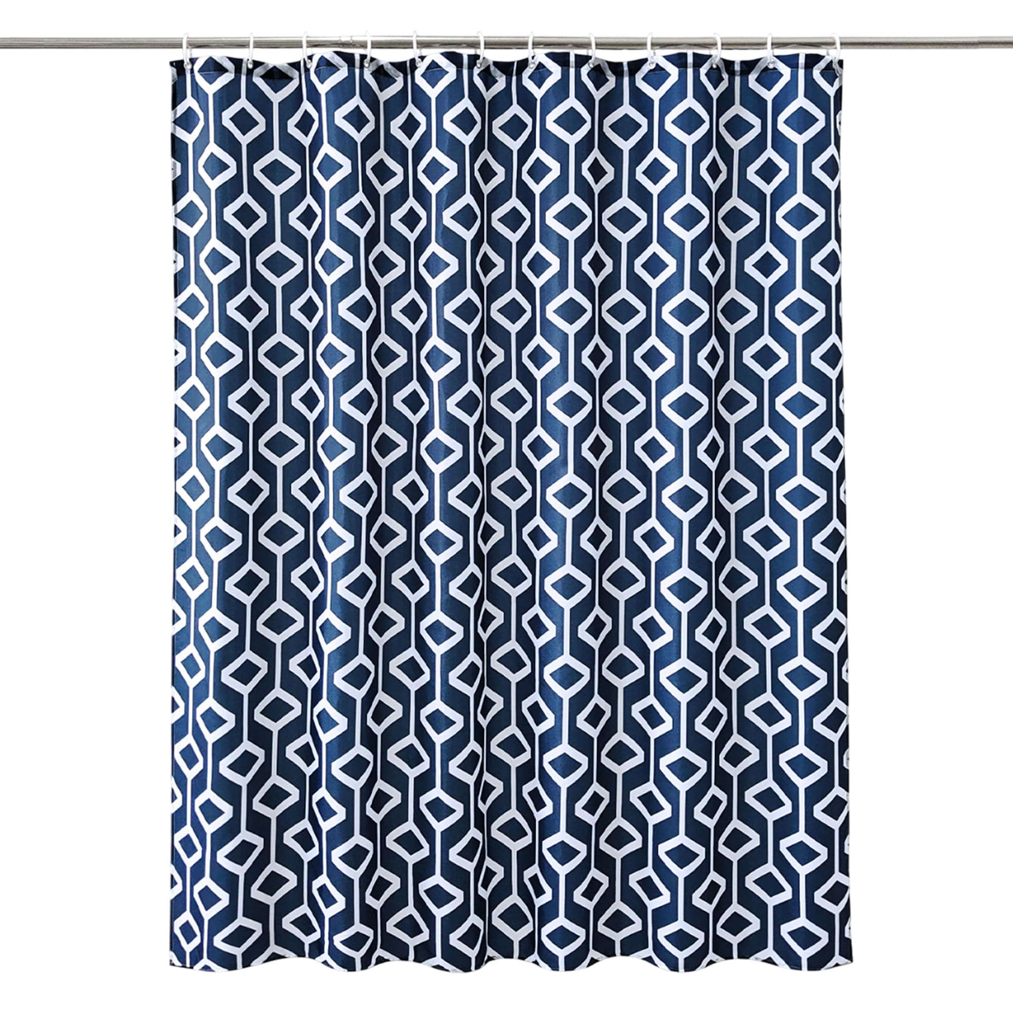 WedDecor Bathroom Shower Curtain Waterproof Anti Mould Mildew Resistant, Heavy Duty 100% Polyester Fabric Curtains Liner with 12 Curtain Hooks, 180cm x 200cm, Geometric Navy Blue & Teal