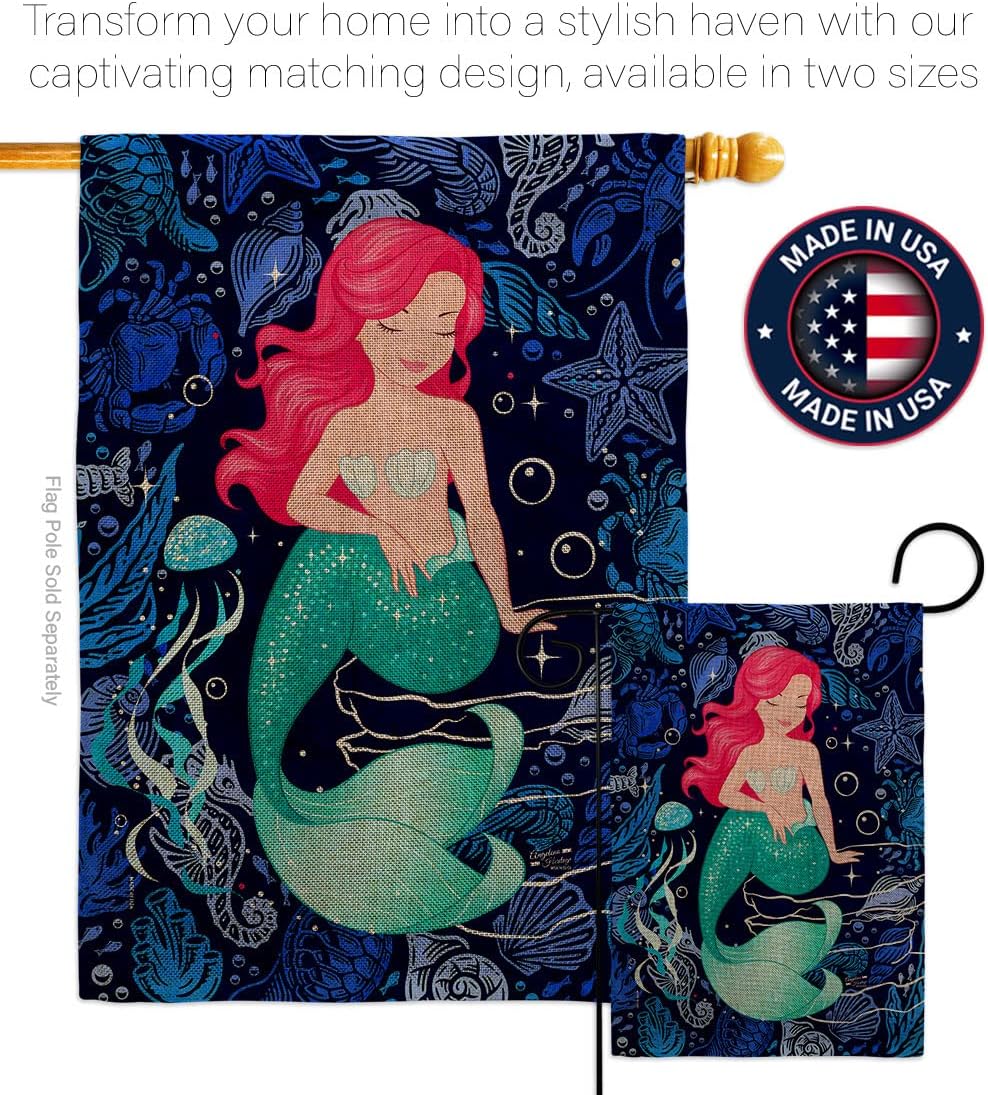 Mermaid Tapestry Home Decor Burlap House Flag Coastal Sea Creatures Nautical Wall Hanging Door Ocean Summer Marine Banner Small Garden Yard Porch Lawn Indoor Outdoor Decorations Gifts Made In USA