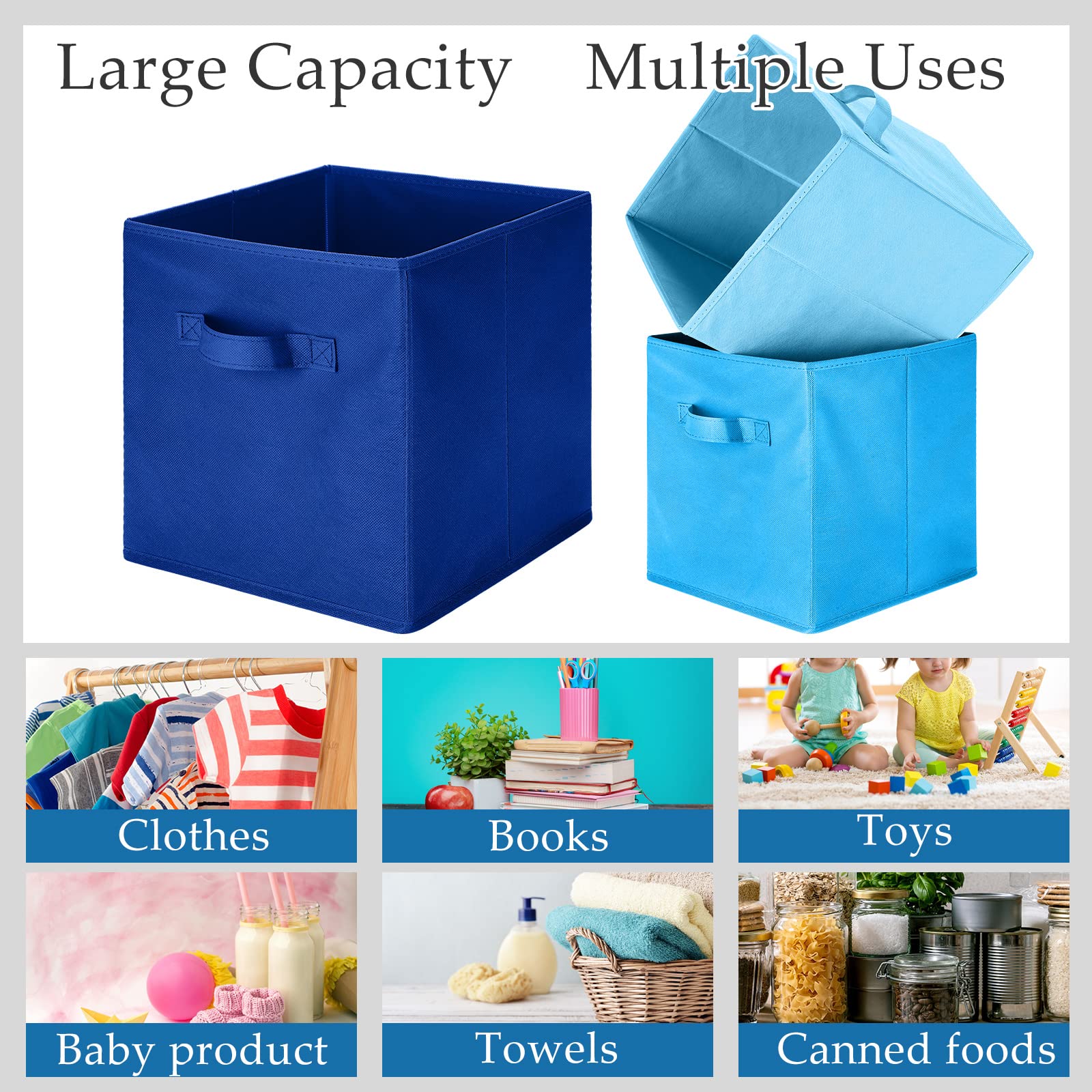 Karenhi 6 Stück 27,9 x 26,7 x 26,7 cm Stoff-Aufbewahrungskörbe Aufbewahrungswürfel Organizer mit Griffen, faltbare Regalkörbe für Zuhause, Kinderzimmer, Schrank, Cubby, Spielzeug, Tuch (blau)