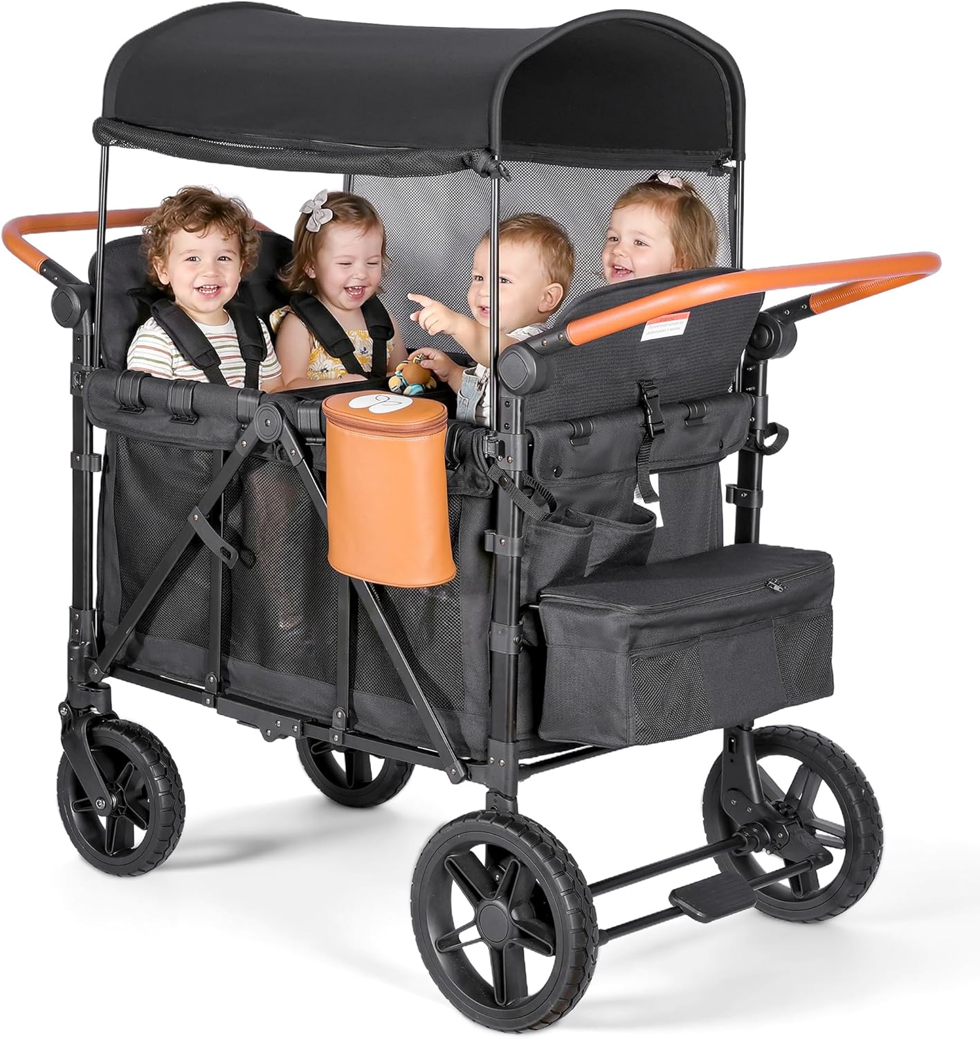 Foldable Wagon Stroller for 4 Kids, All-Terrain Wagon with 5-Point Harness, Canopy,high Seats Insulated Snack Pack, Adjustable Handle, Parent Organizer for Outdoor Use (Black)