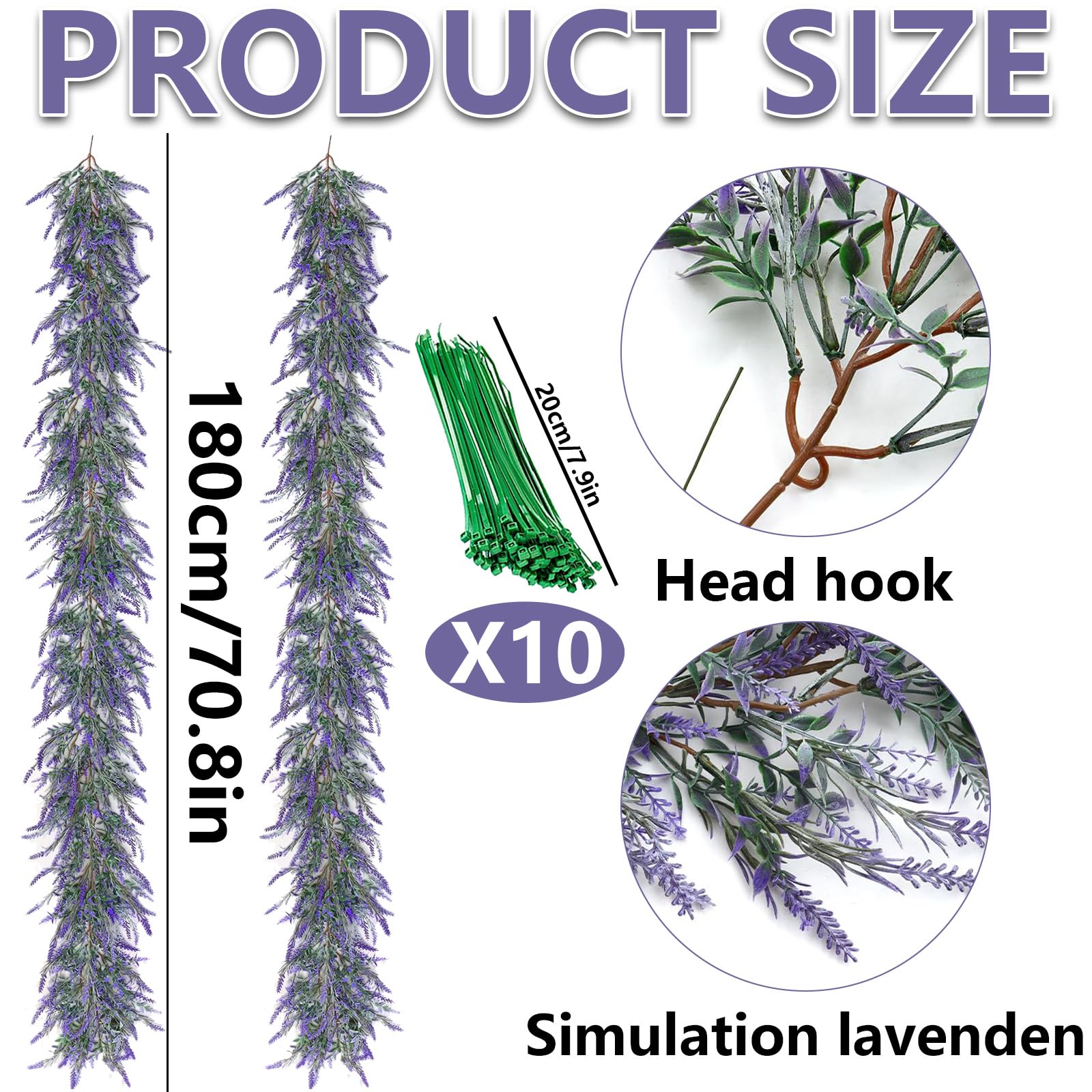 22-częściowy zestaw sztucznych girland lawendowych z 2 x pnączami 180 cm i 20 opaskami kablowymi, fioletowe rośliny wiszące do dekoracji ślubnych