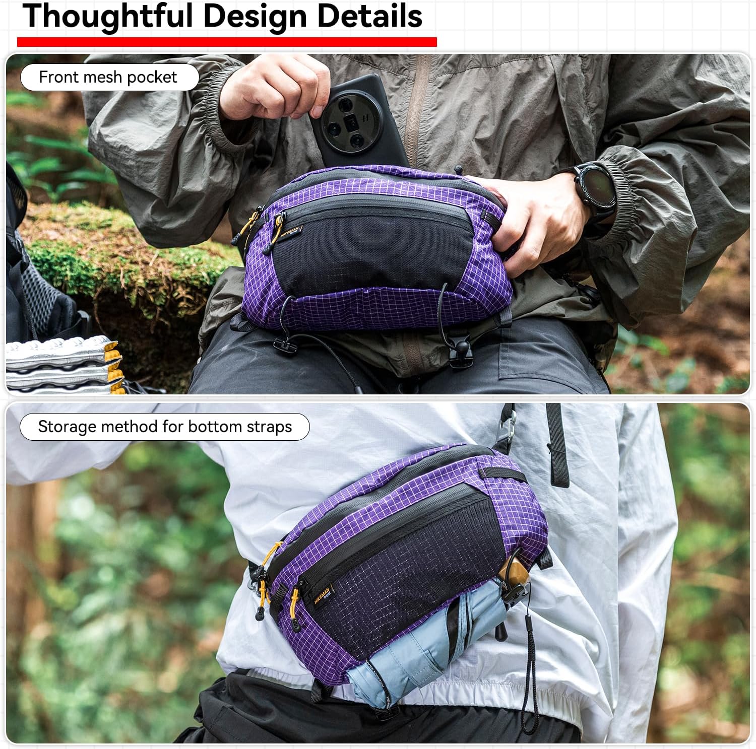 HIKEMAN Strap Pack Pouches for Backpack, Lightweight Phone Pocket, Large Capacity and Waterproof Fanny Pack Multi-functional Outdoor Bag for Hiking, Running, Travel, Cycling (Black) - Image 6