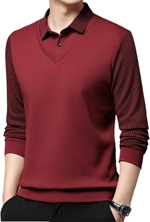 Mens Striped Lapel Fake Two Piece Shirt Business Casual Polo Shirt Spring Autumn Long Sleeve Dress T Shirt Tops
