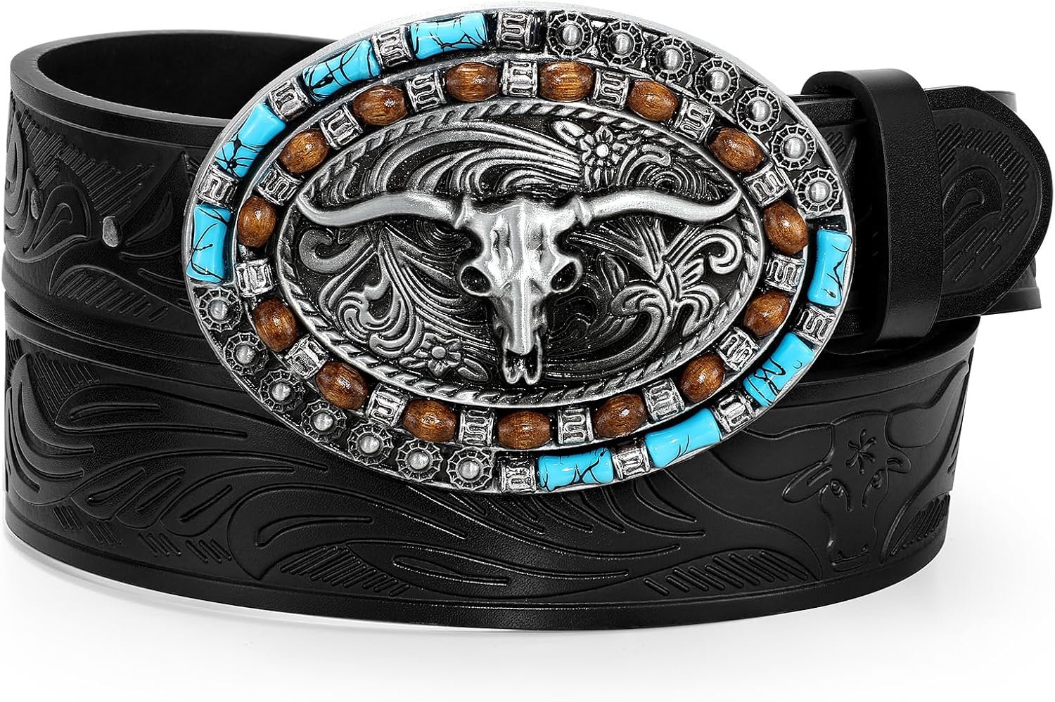 Western Leather Belt Cowboy Belt with Turquoise Buckle for Men Women Western Embossed Leather Belt for Jeans, Black, Fit Waist Size 32‘’-35‘’