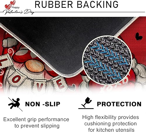 Miniatura 4 de Tailus Juego de 2 alfombras de cocina de gnomo para el día de San Valentín, diseño de corazón rojo y negro, tarro de masón, decoración de cocina,
