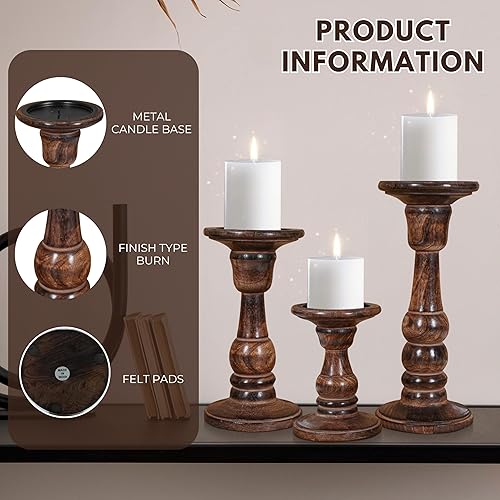 Miniatura 4 de Juego de 3 portavelas de madera (10, 8, 6 pulgadas) Portavelas de pilar hecho a mano Portavelas decorativo de madera de mango rústico para el