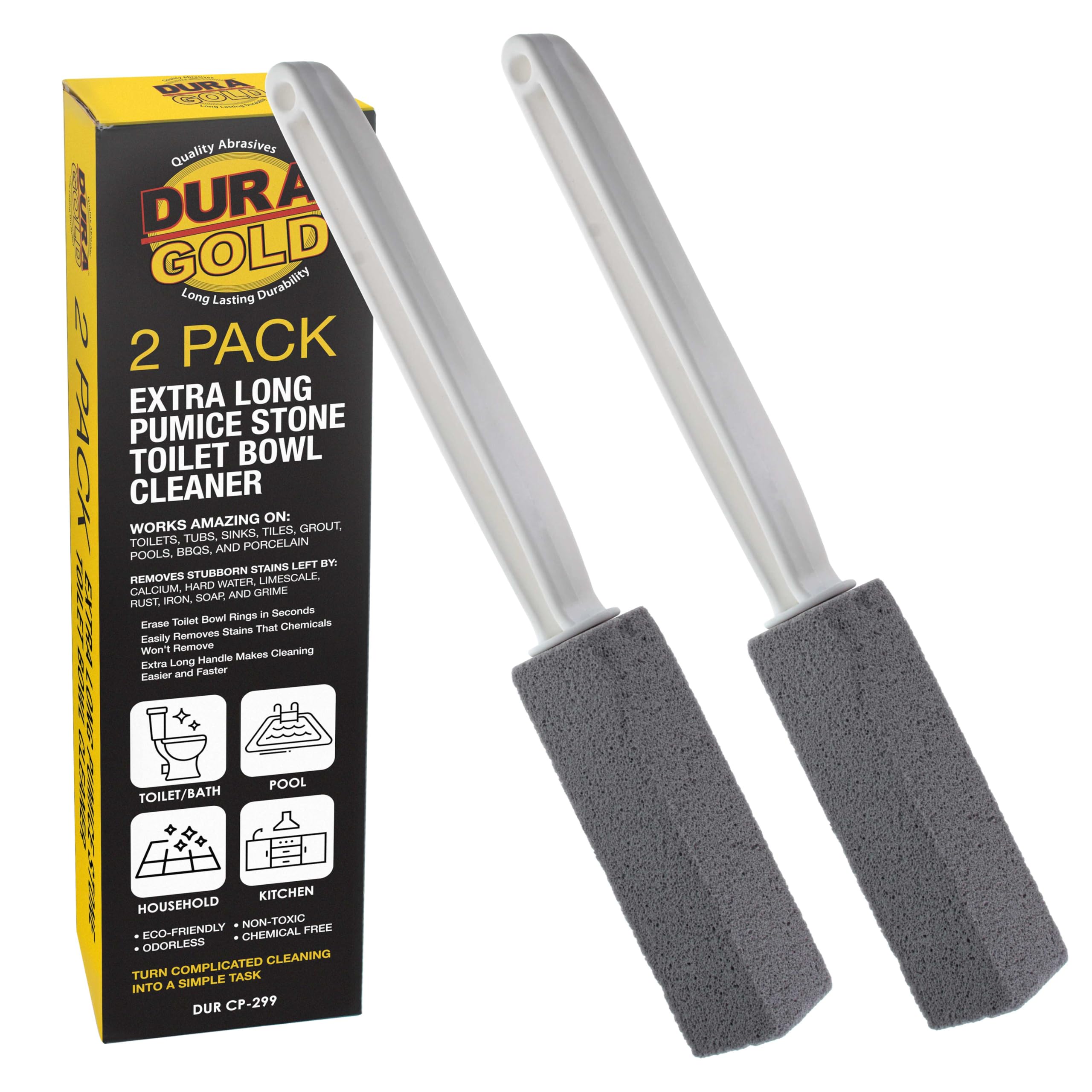 Dura-Gold Pumice Stone Toilet Bowl Cleaner, 2 Pack Extra Long Handle - Toliet Stain Remover Heavy Duty, Pumice Stone for Cleaning, Pumie Scouring Stick, Scrubber, Hard Water Ring Stains, Limescale