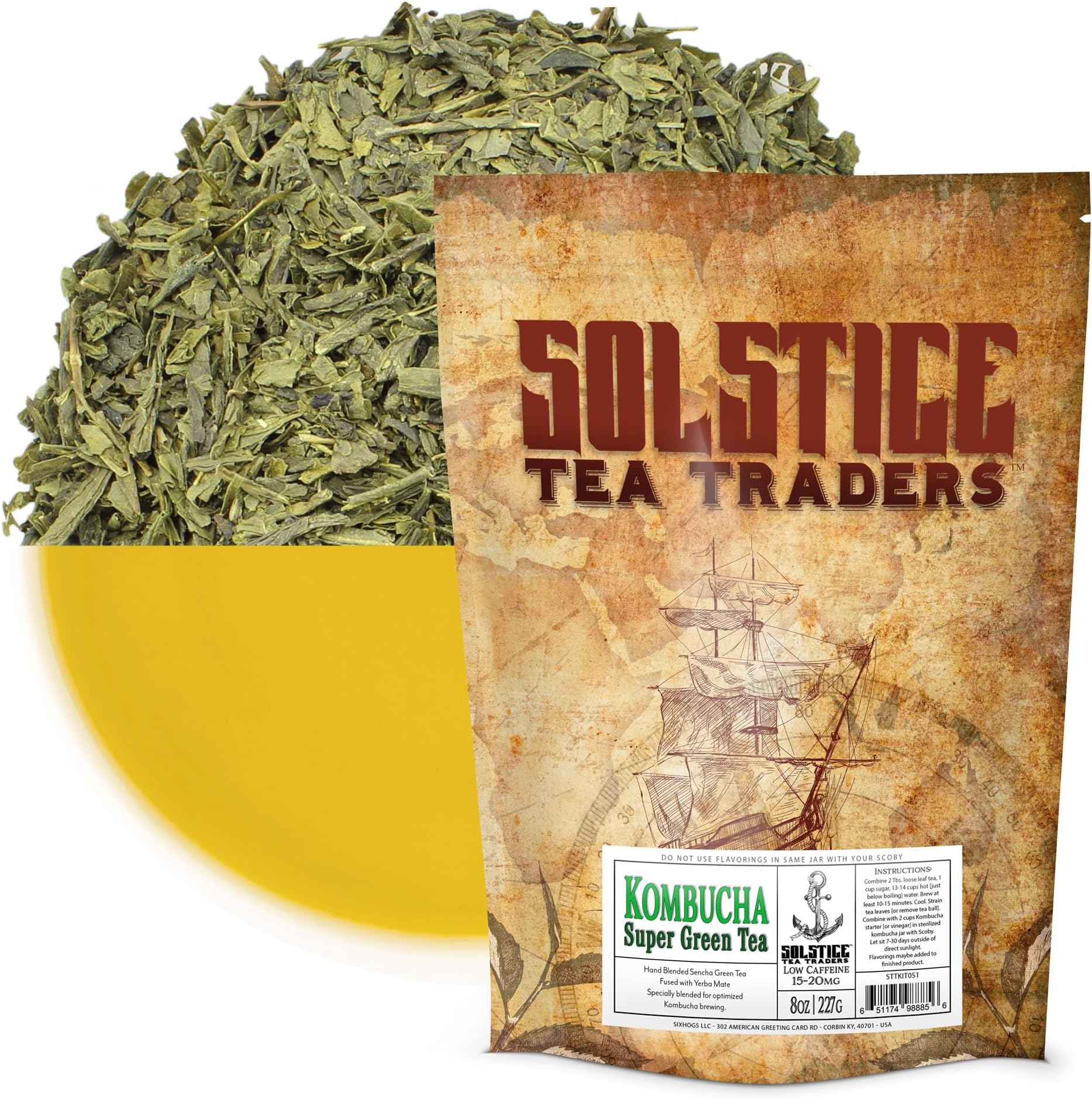 Solstice Kombucha Loose Leaf Tea Blend Green Tea "Super Green" (8 ounces); Handmade Custom Blend Feat. Sencha & Yerba Mate; Creates 15+ Gallons
