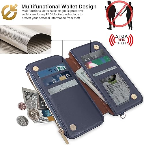 Miniatura 5 de Funda con cremallera para iPhone 15 Plus, 2 en 1, magnética, desmontable, protección para tarjetas RFID, 6 ranuras para tarjetas, bolsillo con