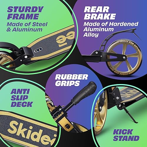 Miniatura 6 de Skidee Adult & Teen Scooter Adjustable Height, Folding, Large Wheels, Lightweight, Durable, Anti-Shock Suspension, Up to 220 lbs