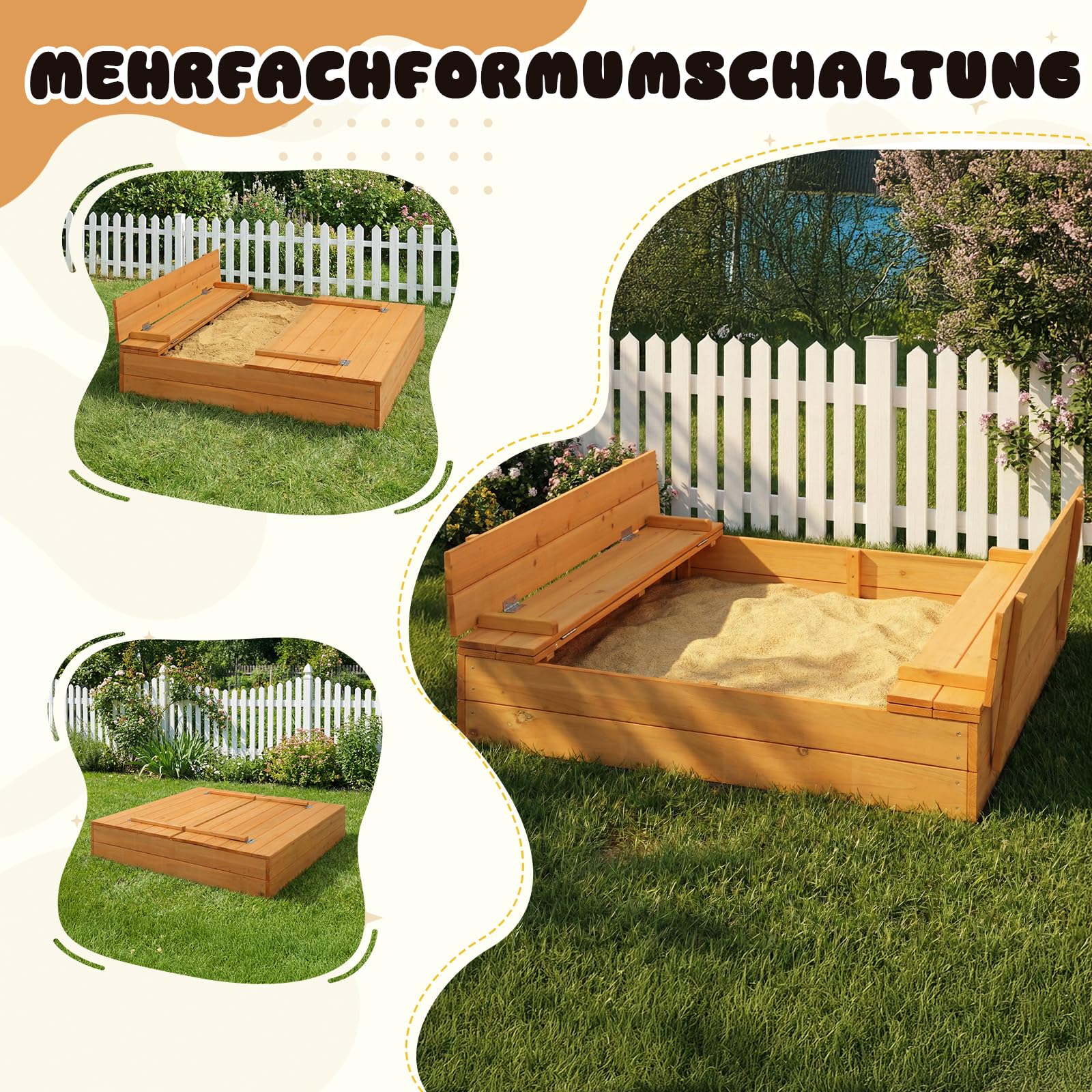 LEADZM Arenero de madera para niños con banco y cubierta, dimensiones 110 x 110 x 21 cm, gran caja de arena para exteriores, para jardín, playa y parque, para niños de 3 a 12 años