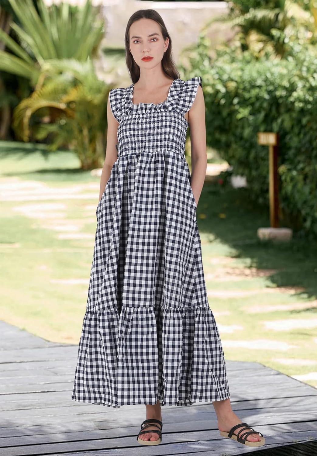 chouyatou Women's Retro Plaid Smocked Dress Spaghetti Strap Flounce Long Dress - Image 2