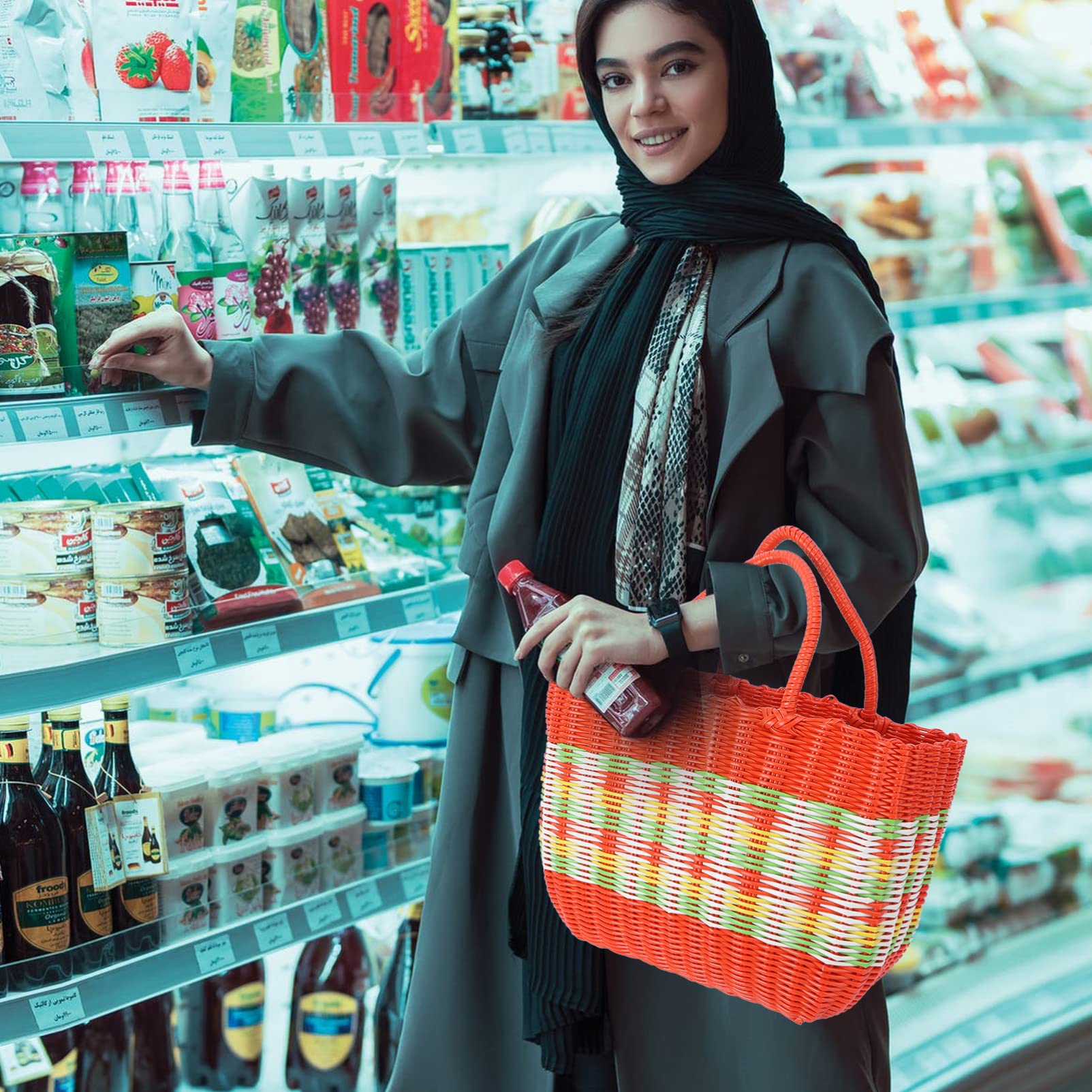 Zerodeko Flower Girl Basket Woven Market Basket with Handle Rattan Shopping Tote Bag Grocery Bag Food Fruit Vegetables Basket Sundries Basket for Home Outdoor Mainly Orange Straw Tote Bag