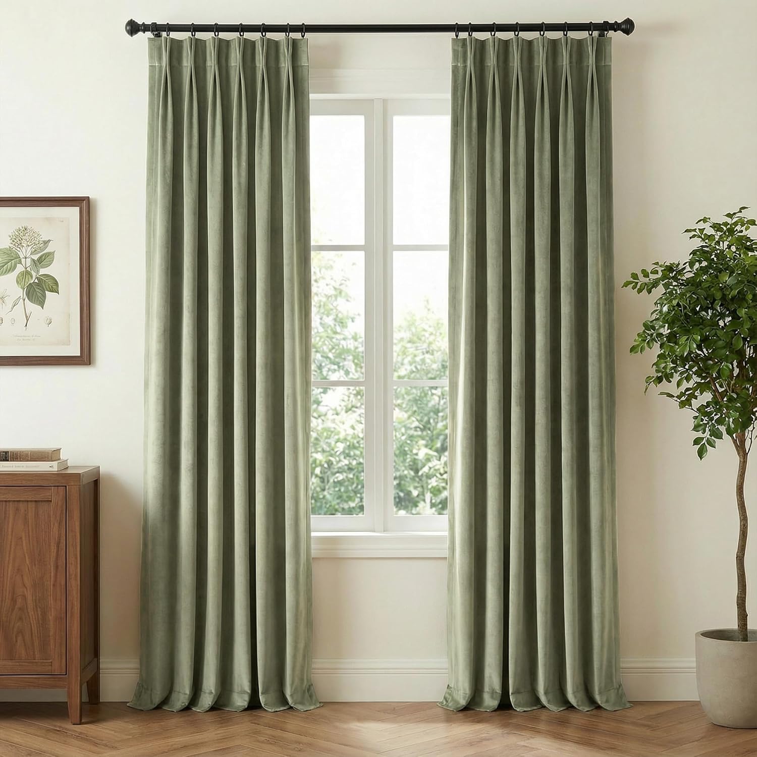 NICETOWN Sage Green Velvet Blackout Curtains 96 Inch Long for Bedroom, Dorm, Dining/Living Room, Thermal Solid Heavy Matt Pinch Pleat Back Tab Track Window Treatment for Hall, Theater (2 Panels, 40 W)