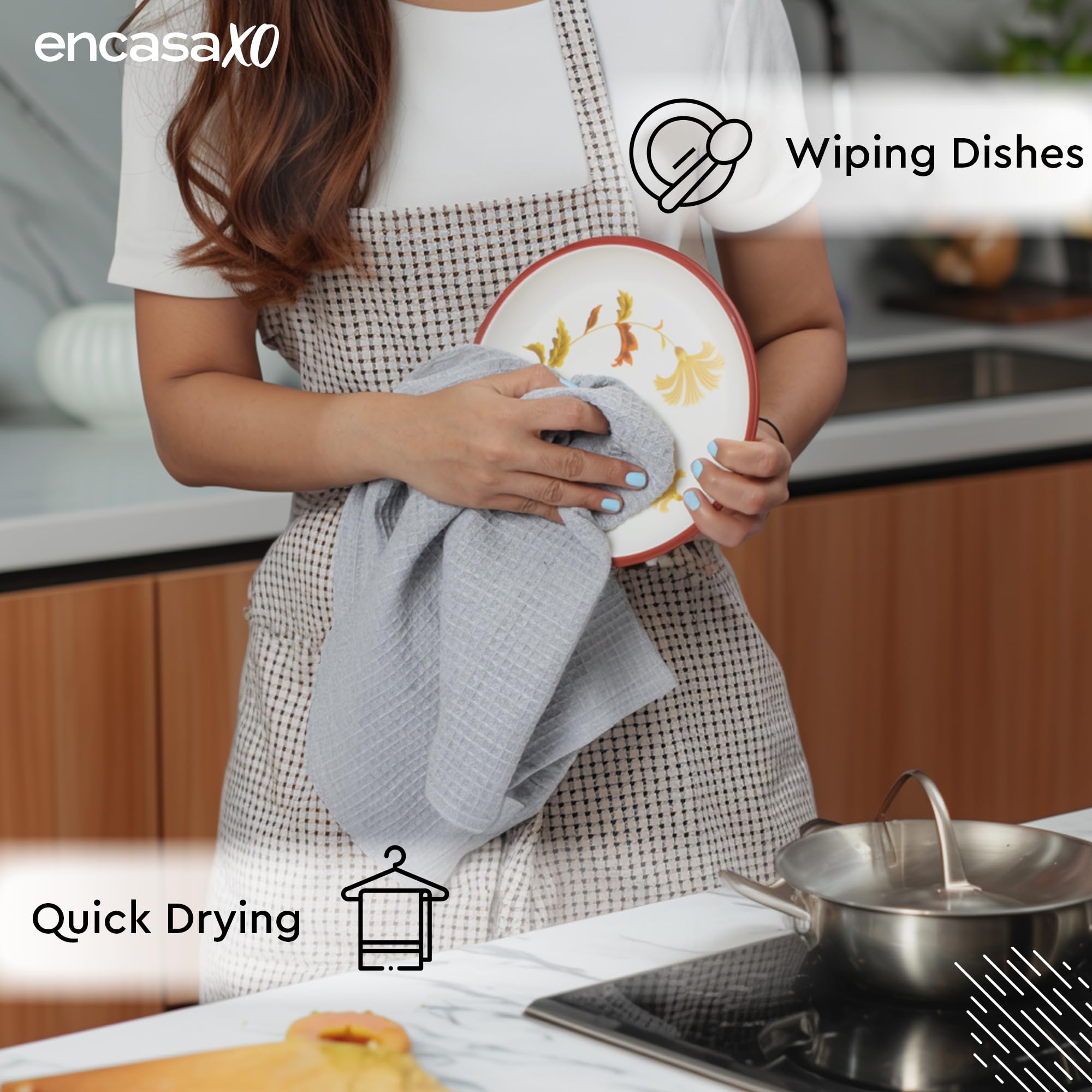 Encasa XO Kitchen Towels, Reusable Cotton Waffle Weave Dishcloths Grey 3