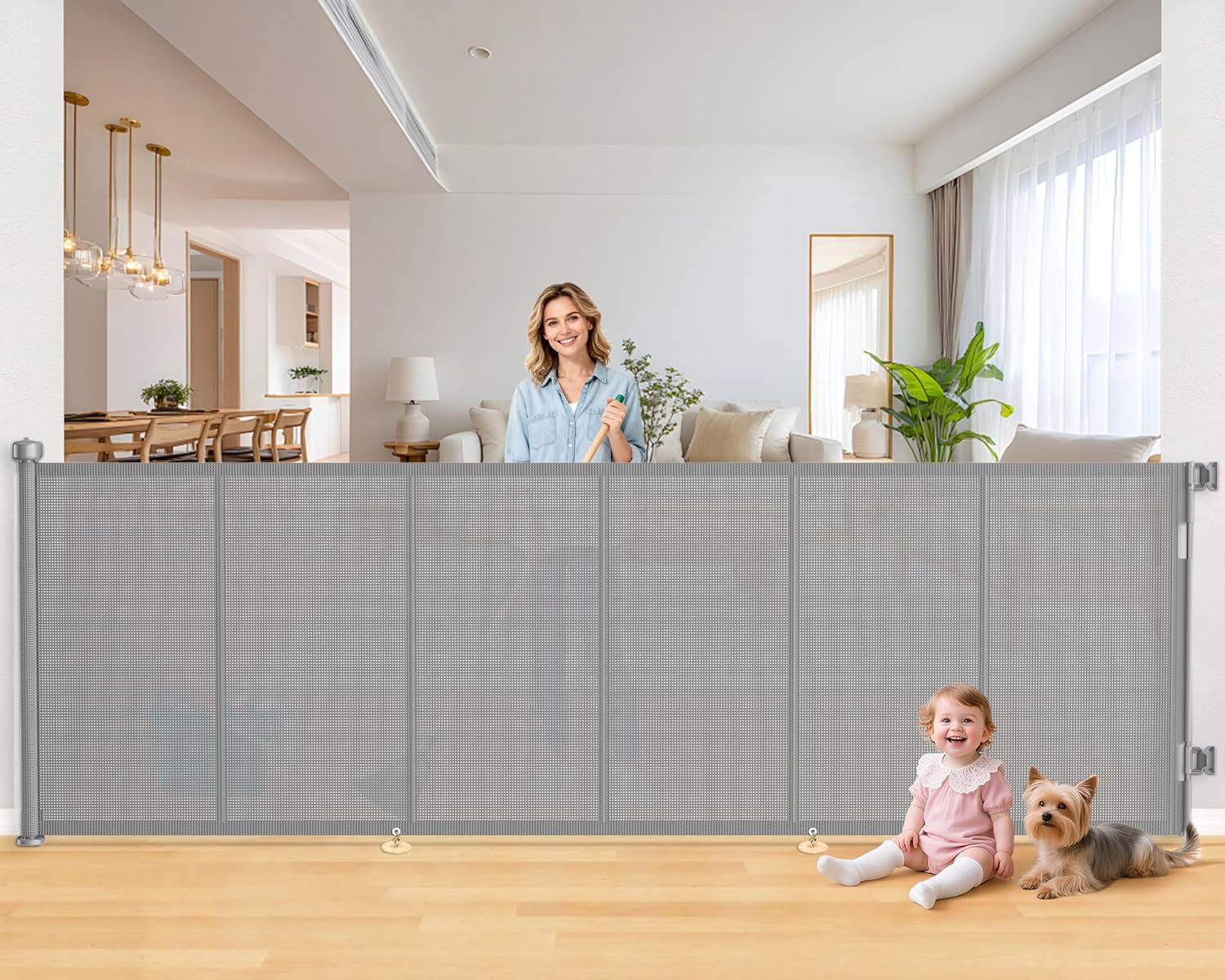 120 Inch Retractable Baby Gates Extra Wide, 41 Inch Reinforced Extra Tall Gate for Large Openings, Mesh Safety Gate for Kids Pets, Retractable Dog Gate for Stair Hallways Doorway Indoor Outdoor, Gray Gray 41'' X 120''