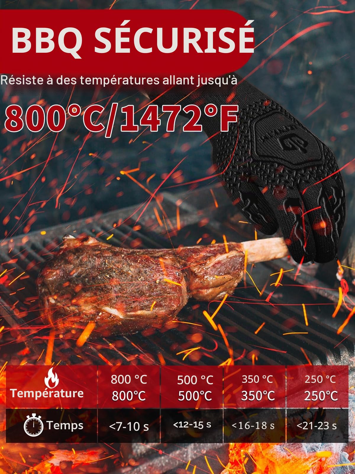 Gants de cuisine résistants à la chaleur jusqu'à 800 °C, antidérapants, noir