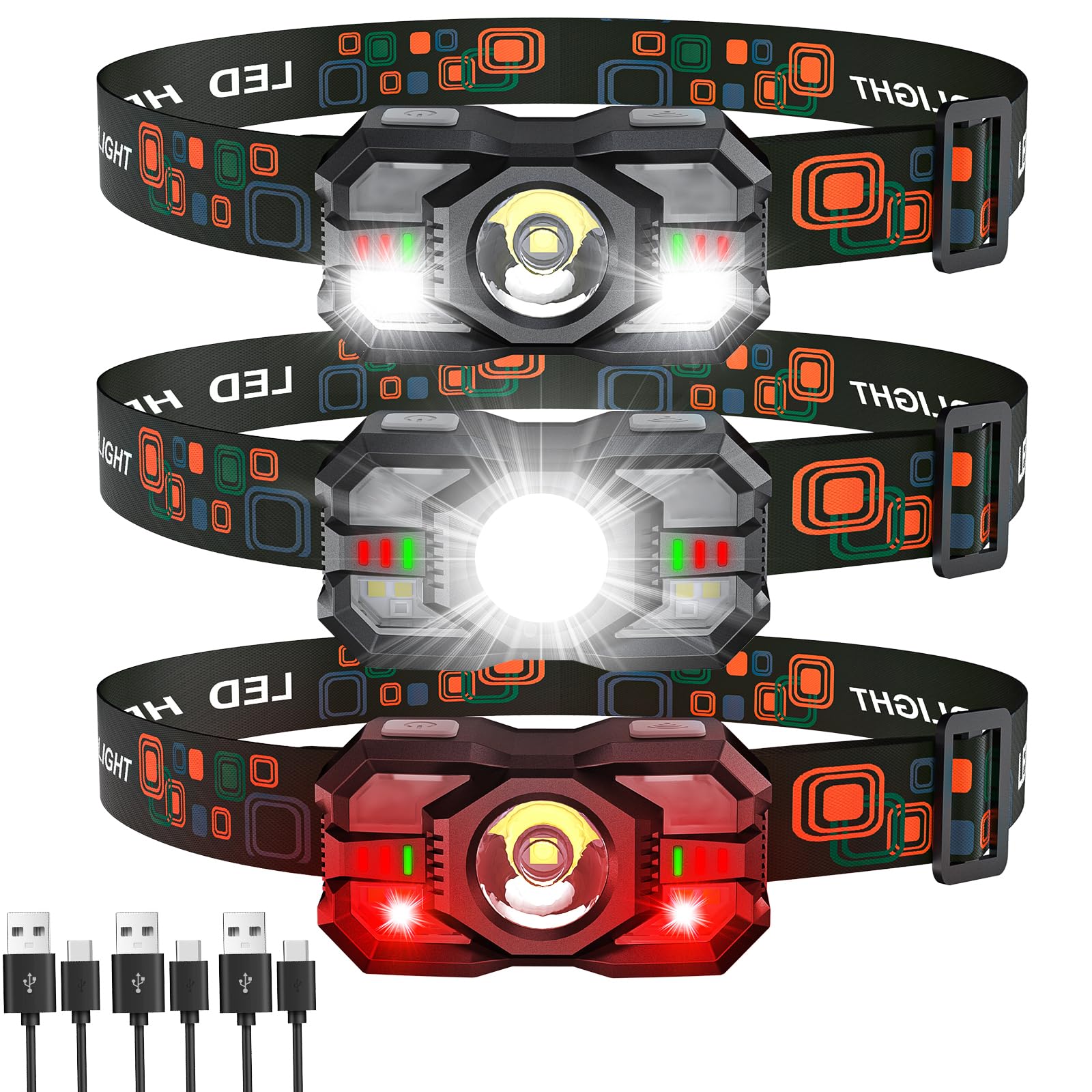 Rechargeable Headlamp Flashlight 3-Pack, 2000 Lumen Super Bright LED Headlight with Red Light, Headlamps for Adults Kid, Waterproof Lightweight Head Lamp for Outdoor Camping Running Hiking Fishing