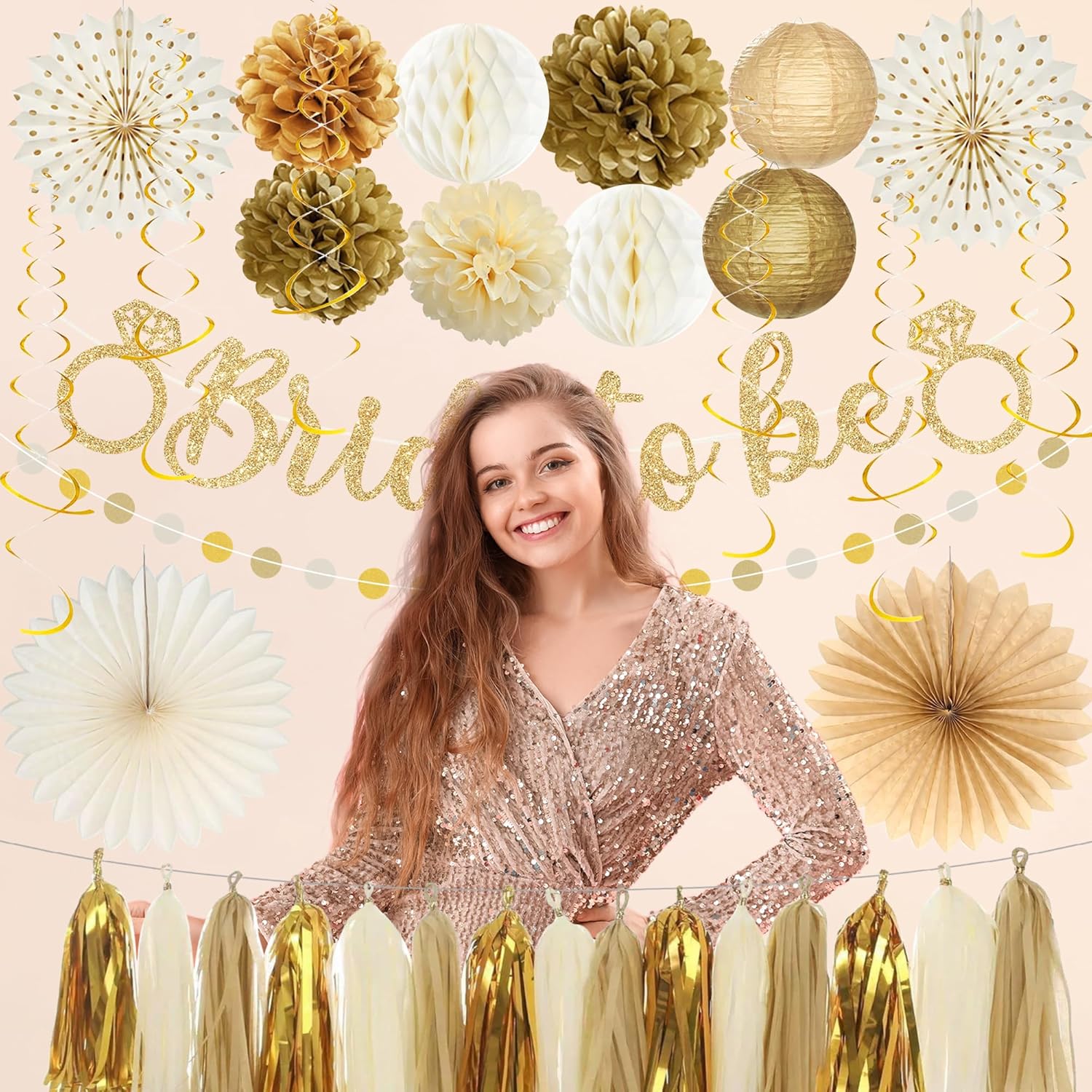 Roetyce Bachelorette Party Decorations, Gold Glitter Bride to Be Banner Paper Fans Pompoms Kit, Women Bridal Shower Party Supplies, Wedding Paper Lanterns Streamers Garland Photo Backdrop Background - Image 5