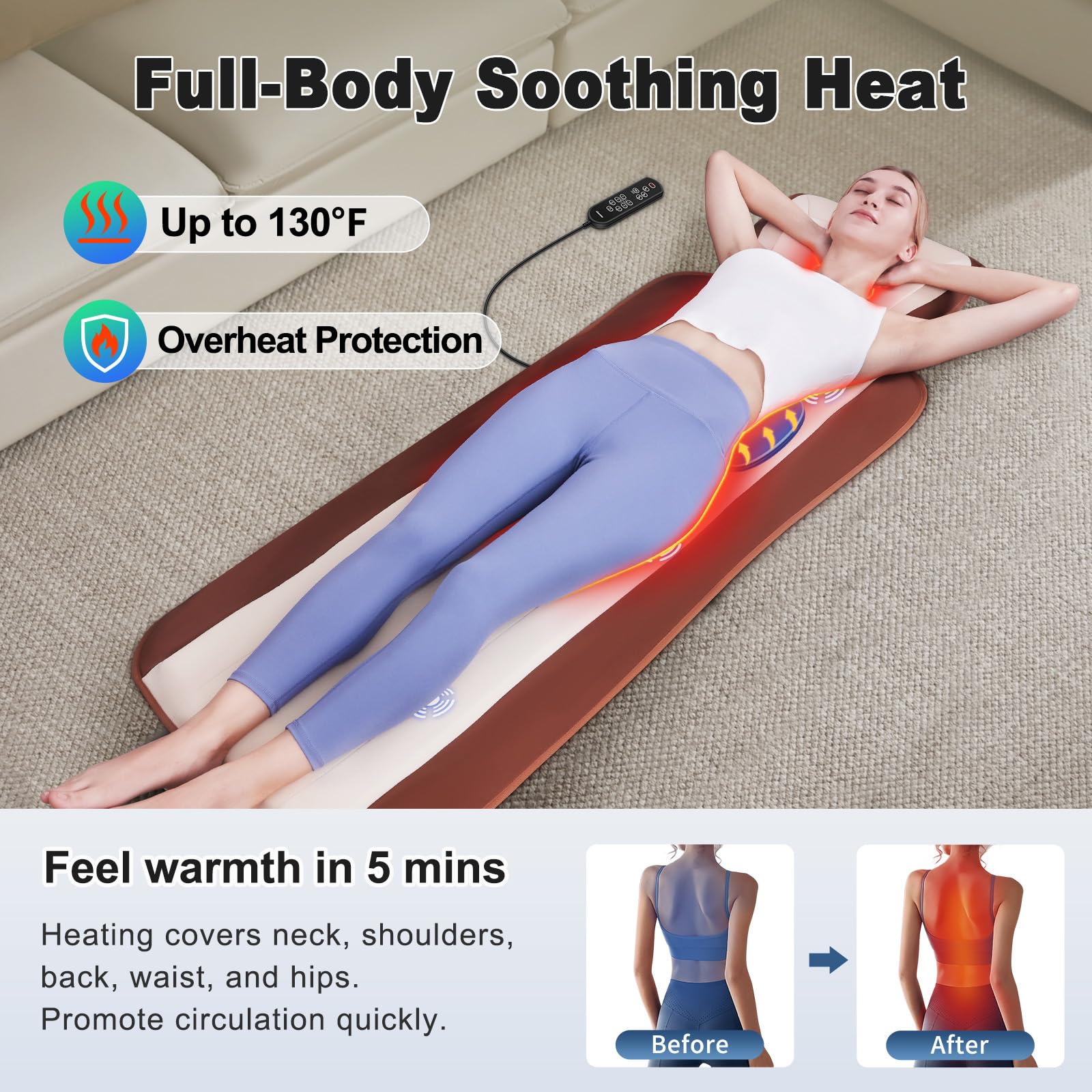 Alfombrilla de masaje de cuerpo completo con calor, masajeador de espalda para sillón reclinable con soporte lumbar, calefacción y vibración, almohadilla de silla de masaje para personas mayores