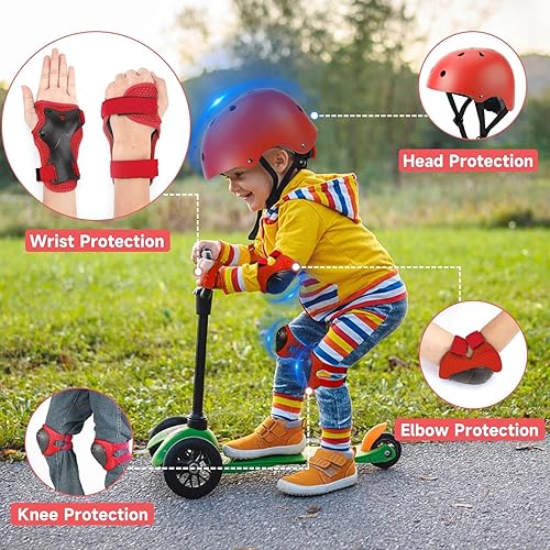 Miniatura 24 de Juego de casco de bicicleta para niños pequeños, casco de ciclismo ajustable con rodillas, coderas y muñequeras, equipo de protección deportiva