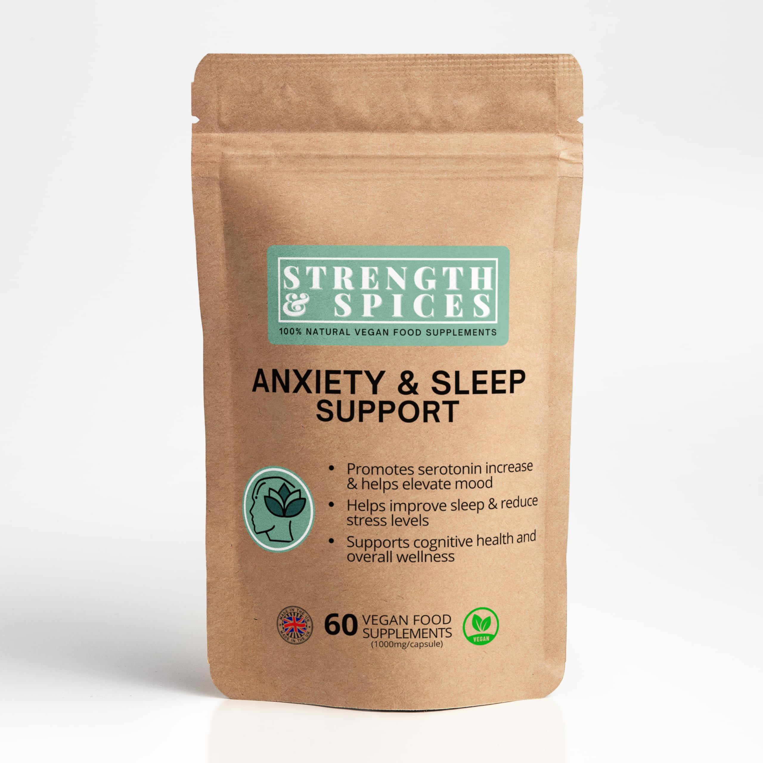 Strength & Spices Anxiety & Sleep Support, Anxiety Relief Supplement, Ashwagandha Capsules with 20 Powerful Ingredients, Plant-Based Formulation for Mood and Immune Boost, 1000mg, 60 Capsules