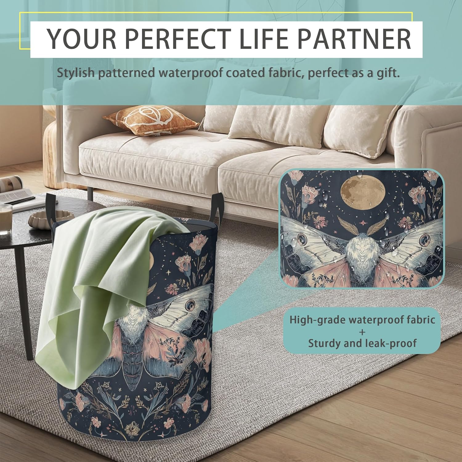 Starry Night Butterfly Moths Round Laundry Basket Collapsible Laundry Hamper with Handles Toys Clothes Organizer Bin For Home Bathroom Bedroom Dorm Nursery