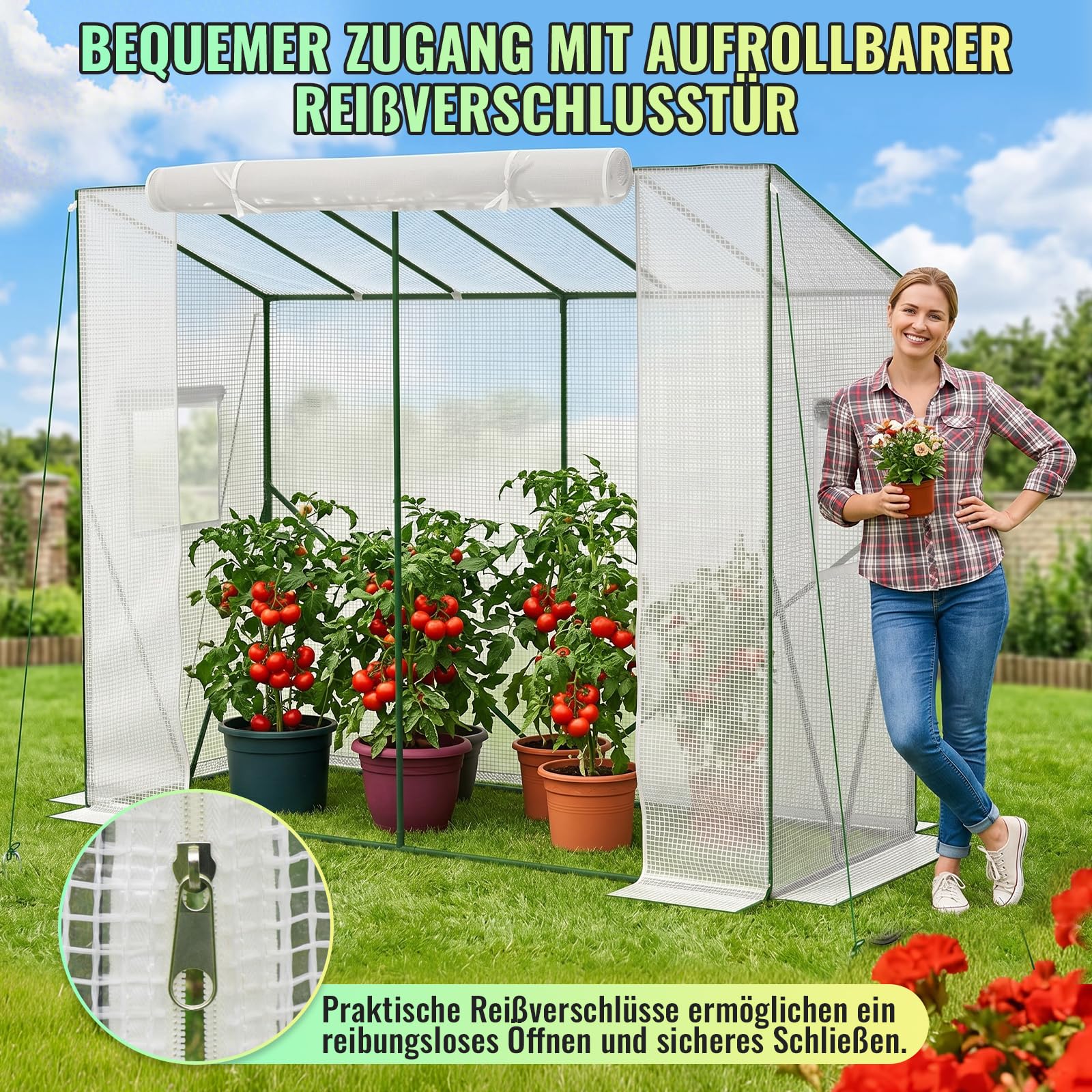Velway Gewächshaus Tomatengewächshaus Begehbares 200x79x170/141cm | Witterungsschutz Schrägdach Foliengewächshaus, PE Gitterfolie 2 Belüftungsfenster für Balkon Garten Tomaten Gurken Paprika