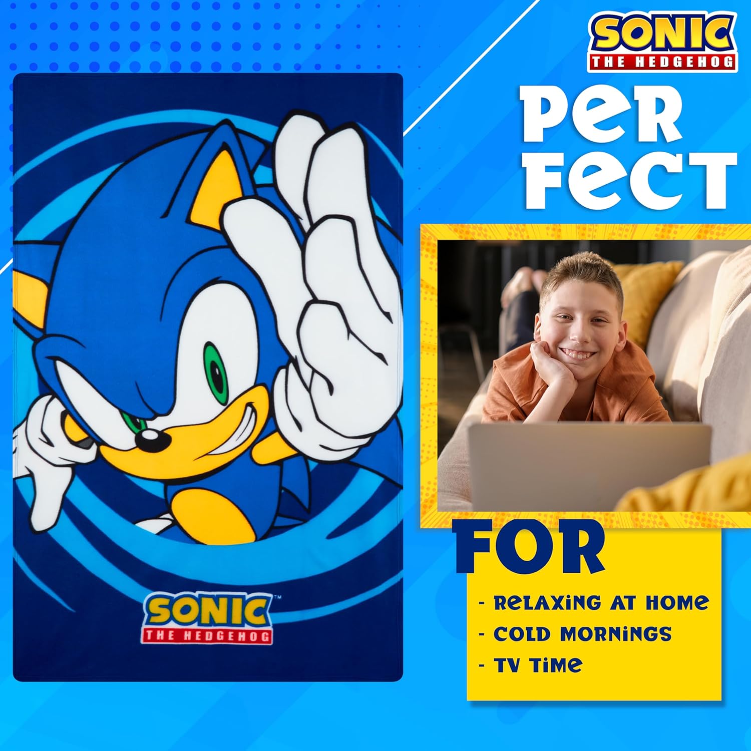 Sonic The Hedgehog Throw Blanket for Kids, 39x59 in, Soft Warm Vibrant Fleece Throw for Couch, Bed, Cozy Travel Blanket, Gamer Gifts for Boys - Image 3