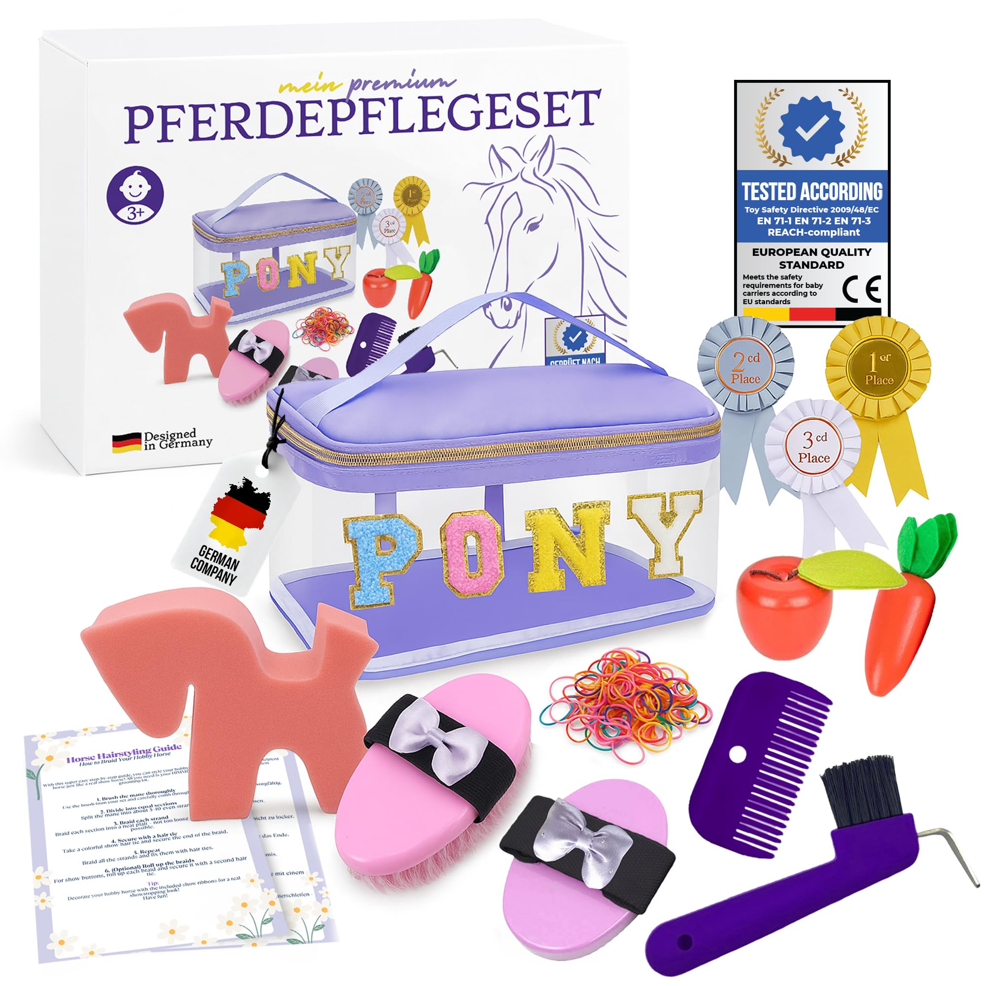 Akcesoria do hobby horse – prawdziwy zestaw do pielęgnacji koni i torebka do szczotkowania dla dzieci – z szczotkami, drapaczem do kopyt, kokardkami – prezent dla dziewczynek