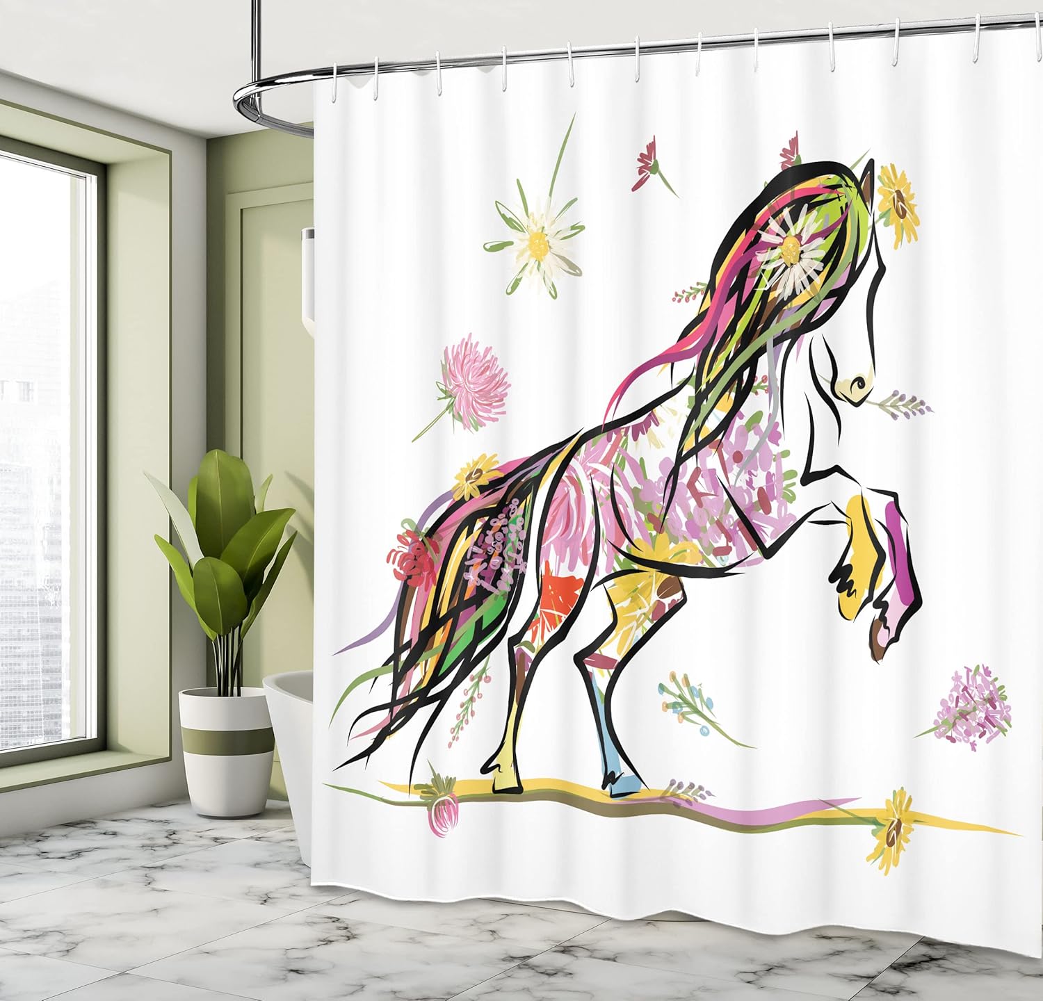 Ambesonne Sketchy Shower Curtain, Pony Horse Surrounded by Colorful Flowers on Her Tail and Hair Design, Cloth Fabric Bathroom Decor Set with Hooks, 69" W x 75" L, Red Black