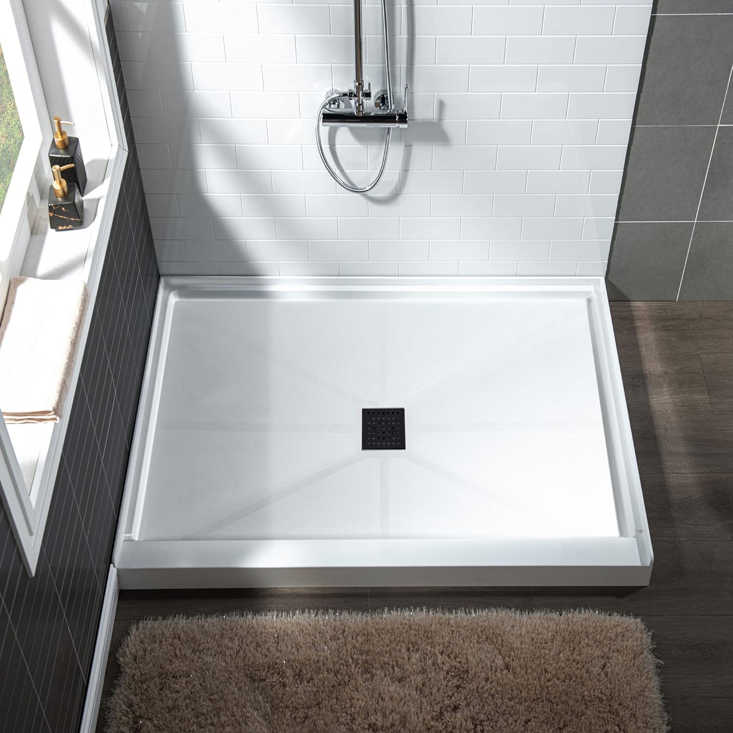WOODBRIDGE Solid Surface Shower Base with Recessed Trench Side Including Matte Black Linear Drain Cover L x W x H, 36" L x 36" W x 4" H,Center Drain White Color