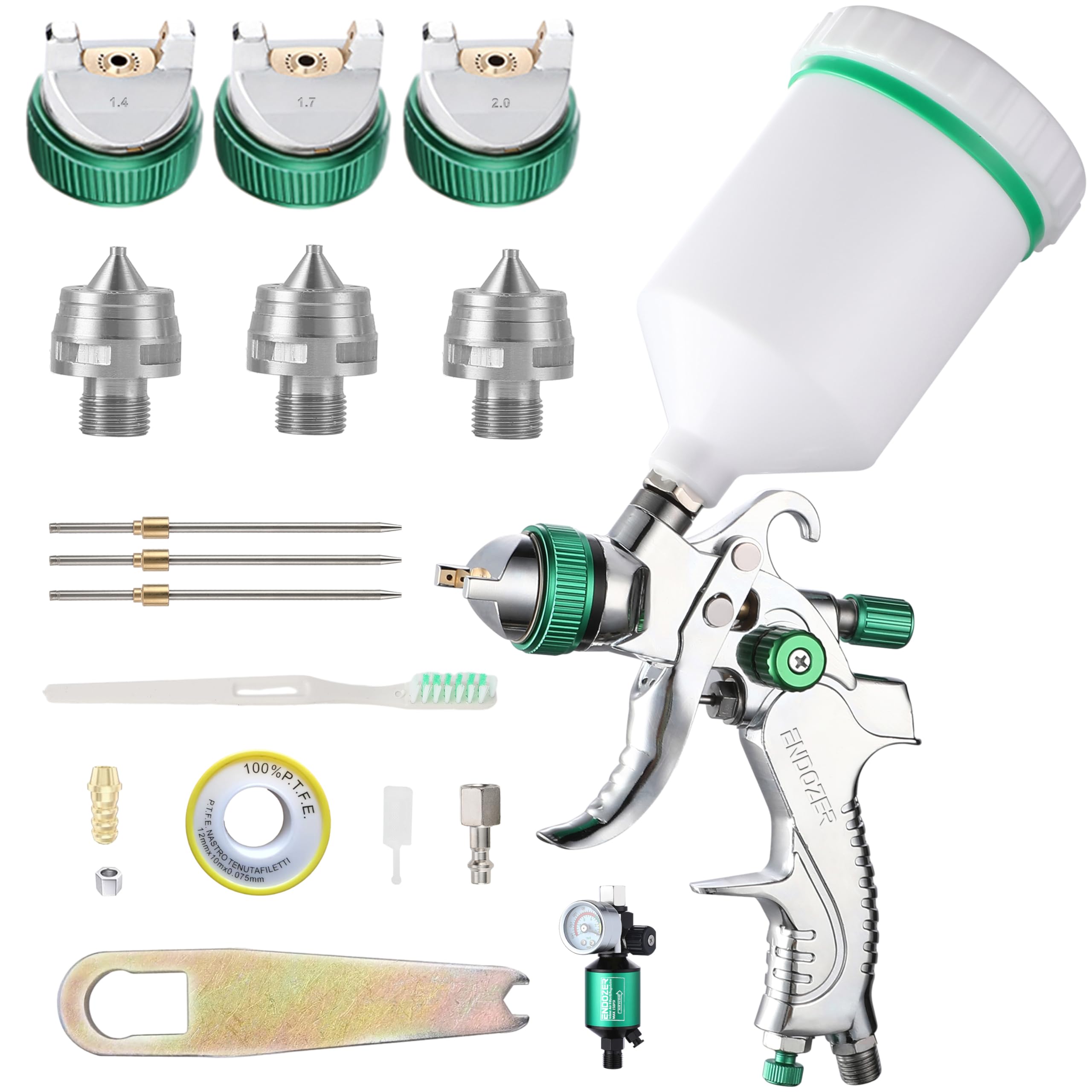Professional HVLP Spray Gun Set Gravity Feed Air Spray Gun with 1.4,1.7,2.0mm Nozzles, 20 oz, 600cc with Gauge for Auto Paint, Primer, Clear/Top Coat & Touch-Up Green