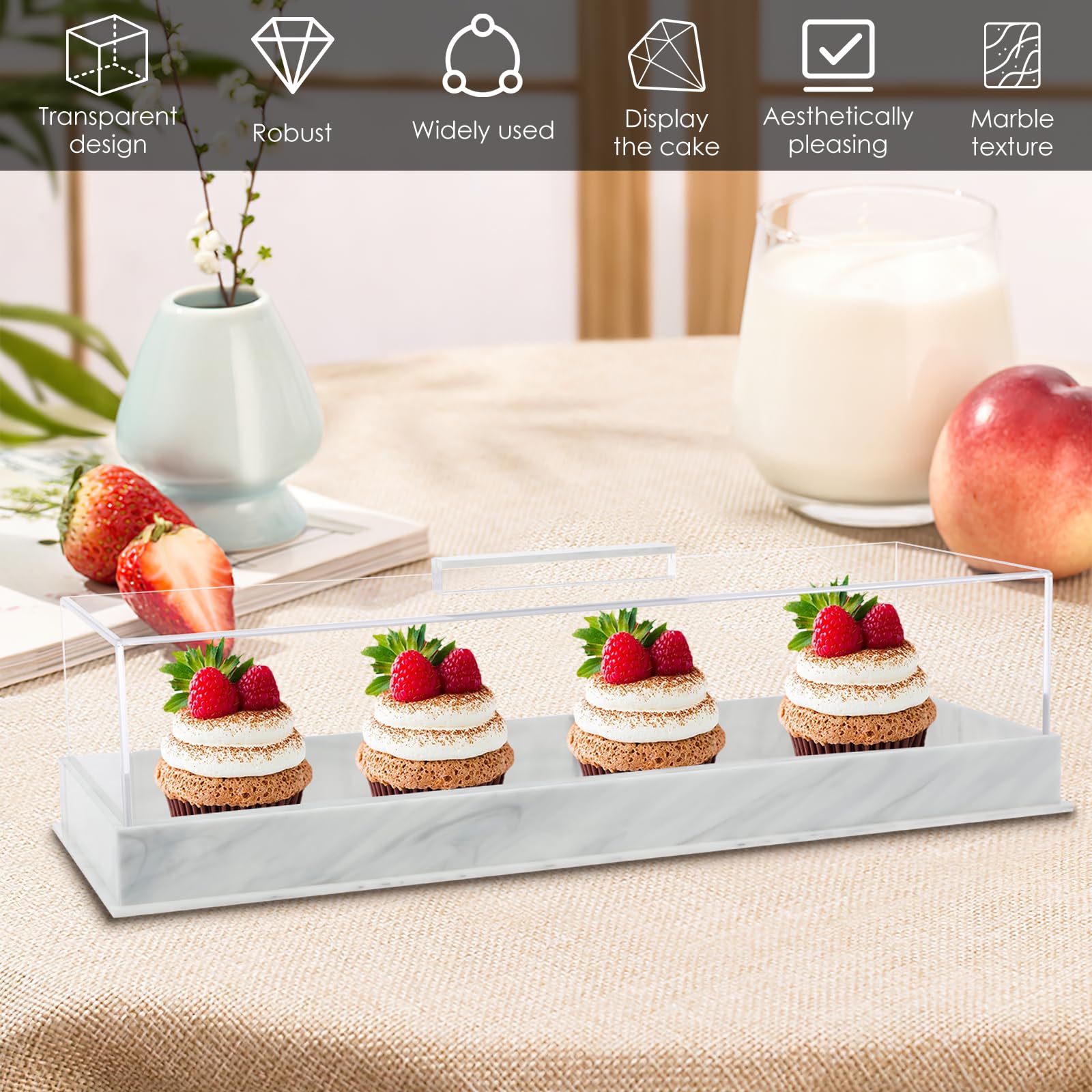 Plateau à Gâteau Rectangulaire En Acrylique Avec Couvercle – Motif Marbré – 35,5 X 12,7 Cm – Idéal Pour Pâtisserie Et Présentation