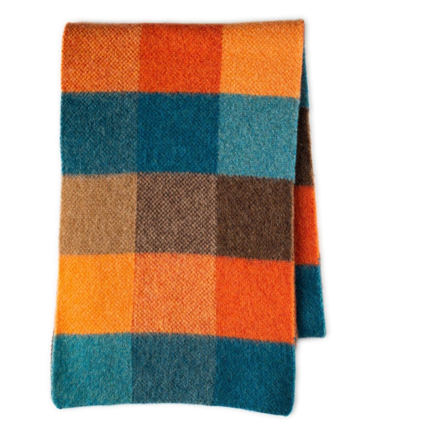 The Cashmere Choice Unisex Teal Orange Checked Wool Scarves - Gyle (Teal Orange) - Lomond Lambswool