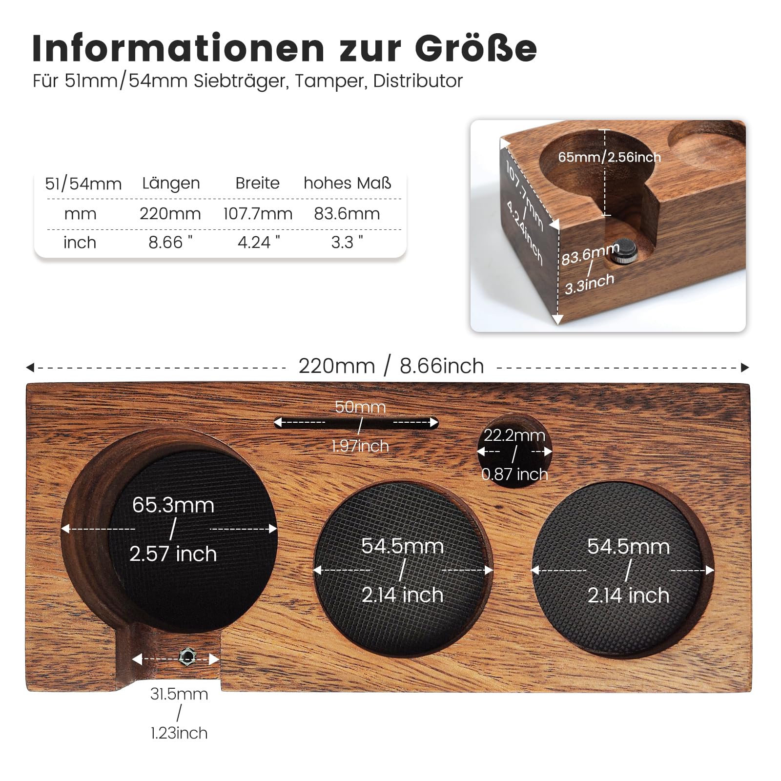 NOTSEK Tamperstation 54mm Holz, Tamper Station aus Walnussholz für Siebträger 51mm 54mm, Tamping Station für Espresso Kaffeemaschine Barista Zubehör