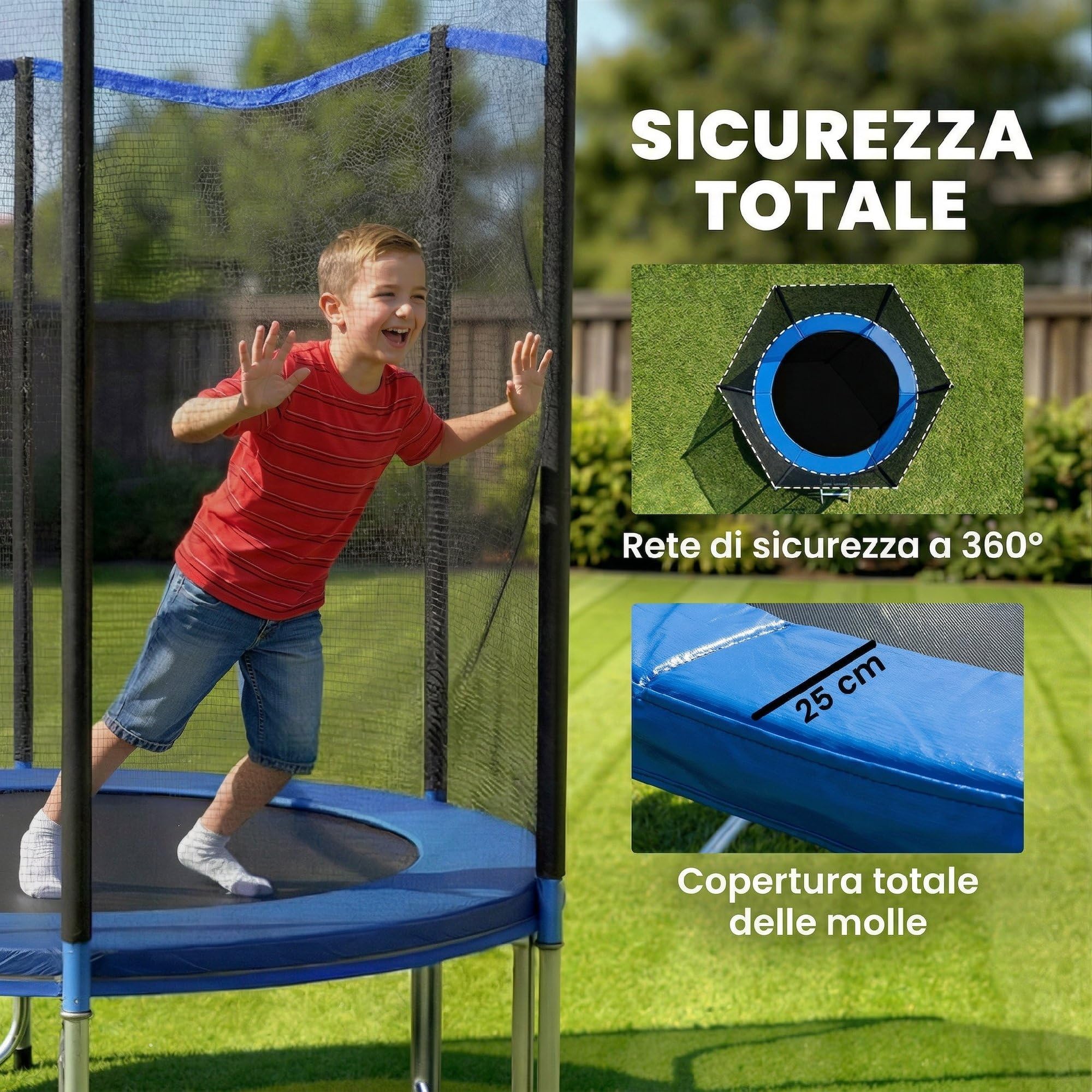 SPORTNOW Trampolino Elastico per Adulti Ø183/Ø244/Ø305cm, Tappeto Elastico Adulti con Rete di Protezione, Scala a 2 Gradini, Copertura di Sicurezza per Molle, Struttura in Acciaio, Blu