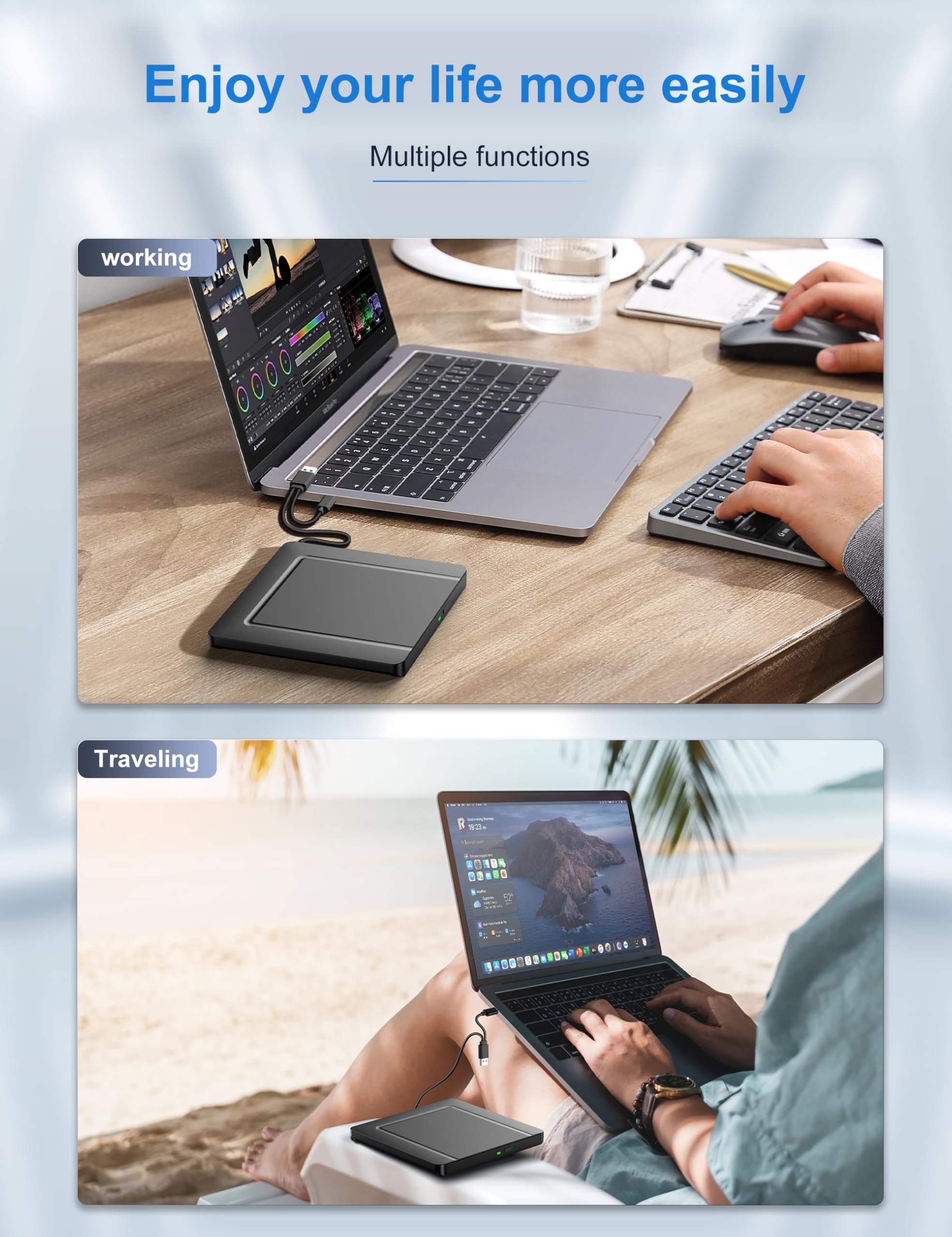 Zewnętrzny napęd CD DVD USB 3.0 USB-C CD DVD +/-RW ROM optyczny do laptopa MacBook Windows 11/10/8