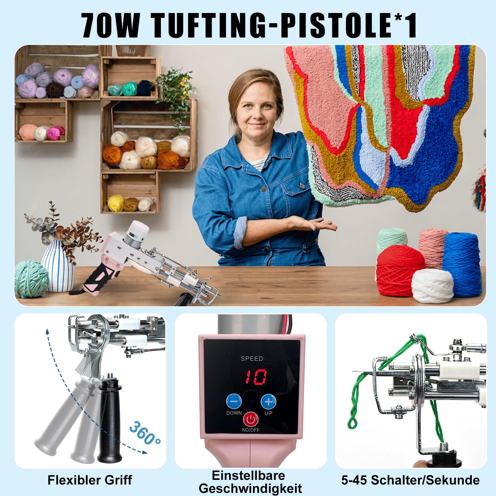 Teppich-Tufting-Pistole mit Teppich-Trimmer-Kit, Tufting Gun Set mit Digitaler Geschwindigkeitsanzeige, Tufting Maschine mit Tufting-Tuch|Garn |KitWalze|Bürste|Schaber |Stampfer -Rosa