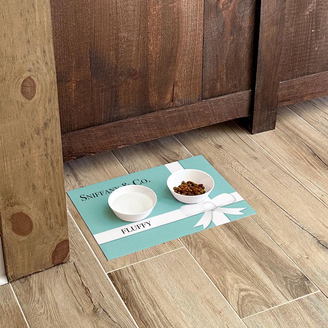 Personalized Pet Food Vinyl Rug with Name, Sniffany 076891YECU, Custom Dog Cat Feeding Vinyl Floor Mat, Decorative Floor Covering, Waterproof, Eco-Friendly, Non-Slip