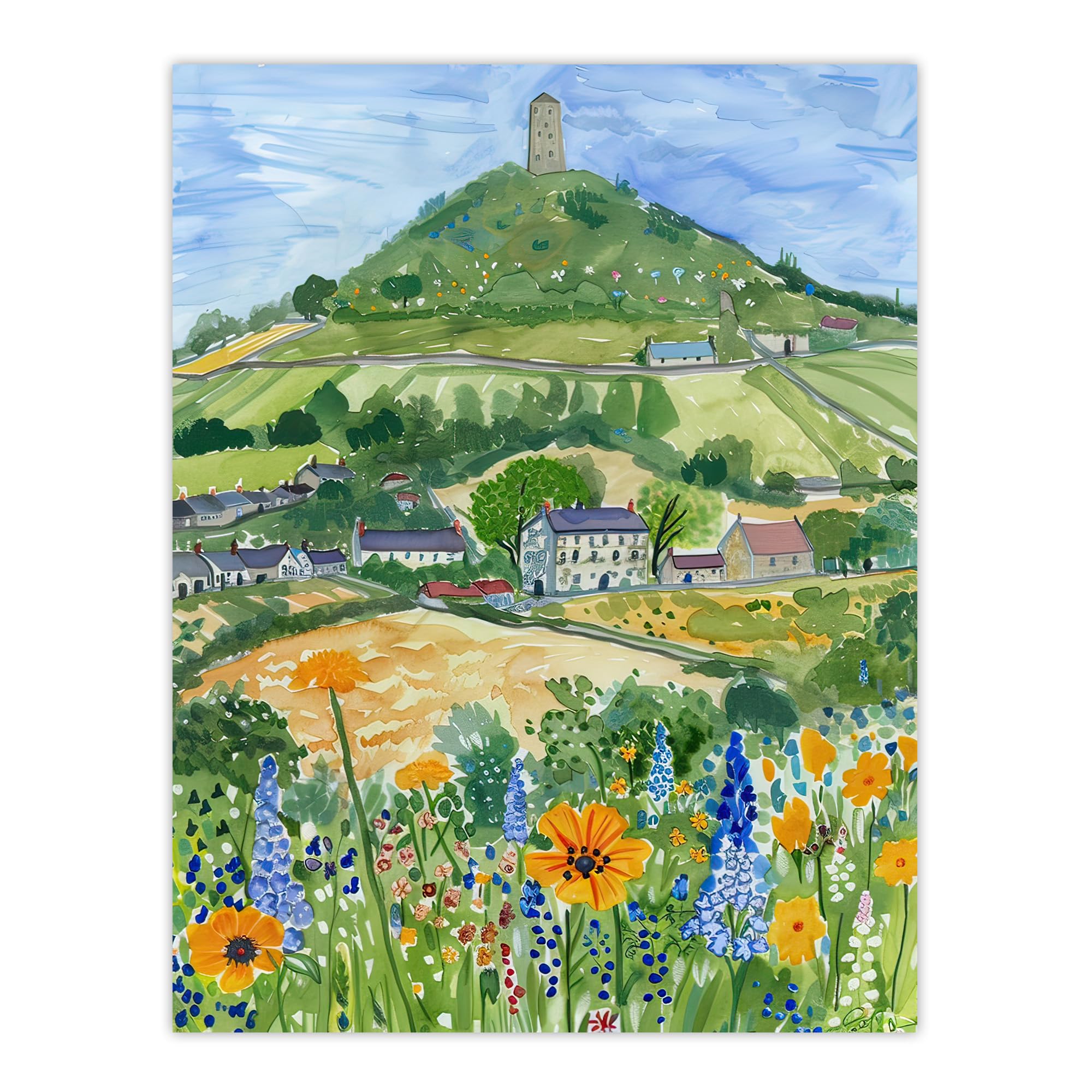 Artery8 Glastonbury Tor Spring Floral Somerset Painting Living Room Unframed Wall Art Print Poster Home Decor Premium