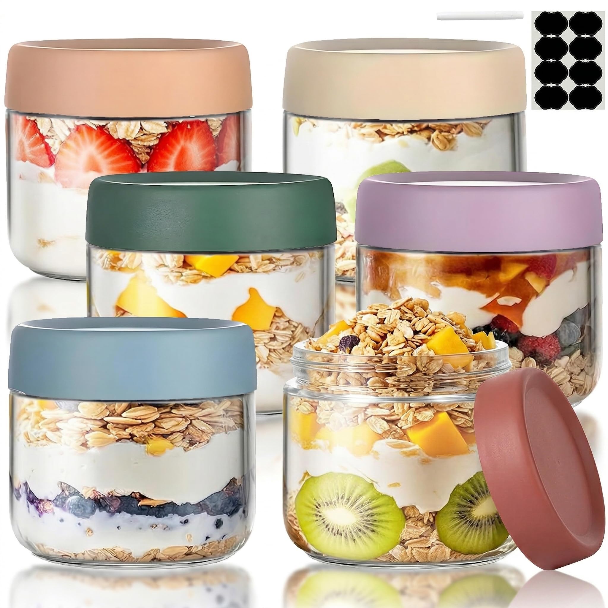 Overnight Oats Jar, 6 Pcs Glass Container with Sealed Screw Lid, 11 Oz Wide-Mouthed Sealed Food Storage Container, Mason Salad Jar is Used to Store Grains, Yogurt, Fruits, Candies, and Jams.
