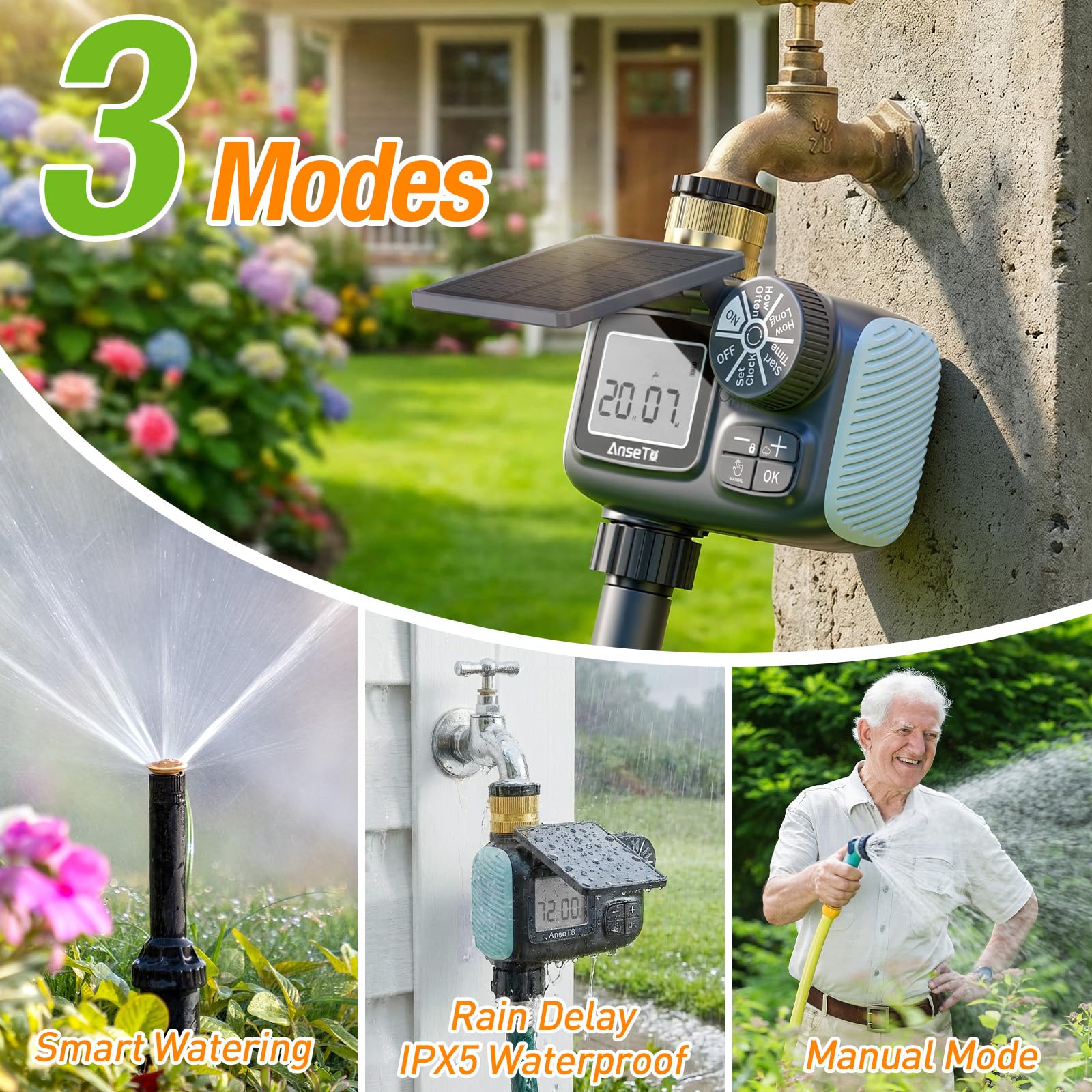 Programmateur Arrosage Automatique Solaire, Système D'irrigation Automatique, Charge par Câble USB-C et Panneaux Solaires, Ecran LCD Ultra Clair,Contrôle de I'irrigation pour Jardin et Pelouse