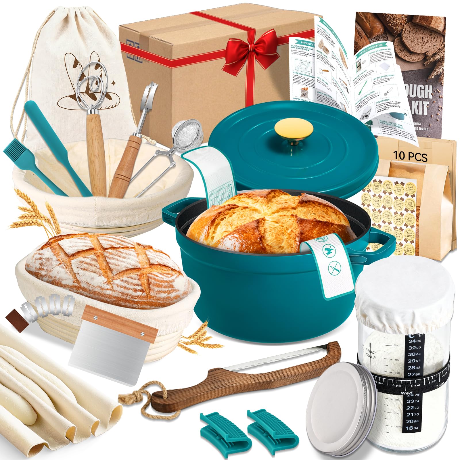 NZQXJXZ Sauerteig Brot Bakset mit Emaillepott und Gärkorb, Brotbackset, 100% Natürlichem Rattan Gärkörbchen, Gusseisen Topf Brot Backen Emailliert Set für für Anfänger und Erfahrener Bäcker