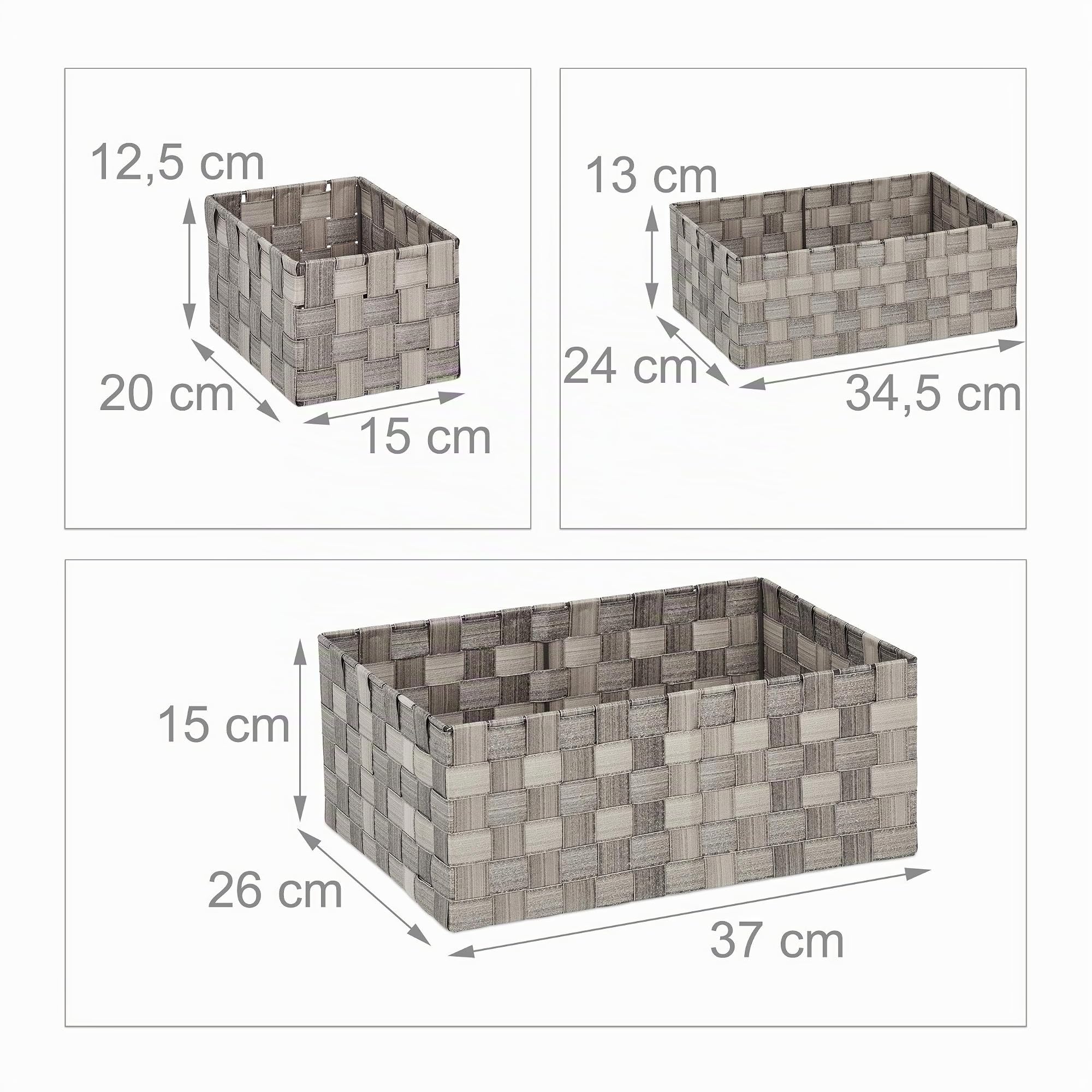 Relaxdays Cestino Portaoggetti in Plastica, Set da 4, Intrecciato, Cesta per Bagno, Rettangolare, 3 Misure, Grigio