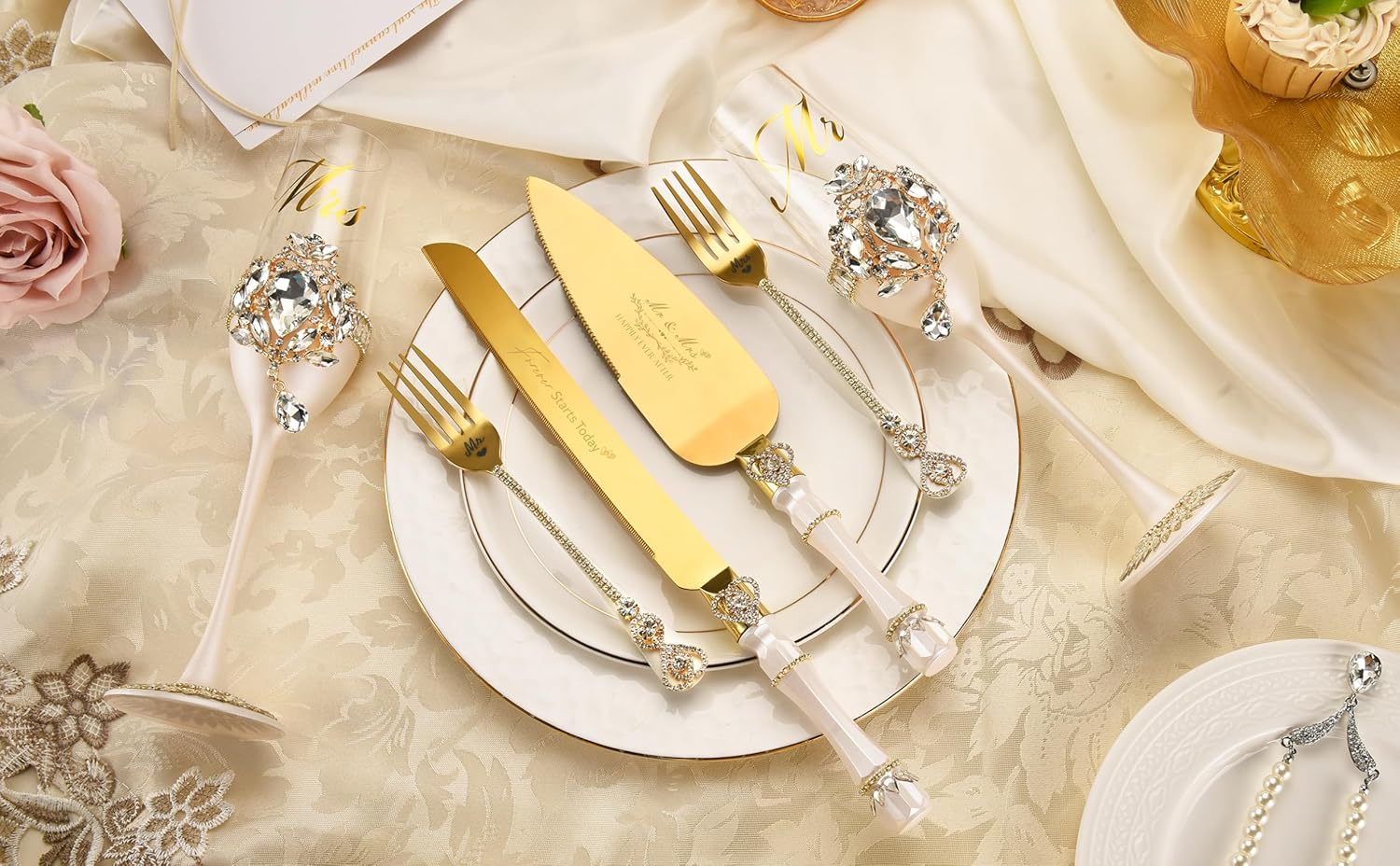 Wedding Cake Cutting Set, Luxury Handcrafted Crystal Champagne Flutes with Gold Petal Rhinestones and Pendant, Wedding Cake Knife and Server Set, Engagement Gifts for Couples, Gift-ready Box