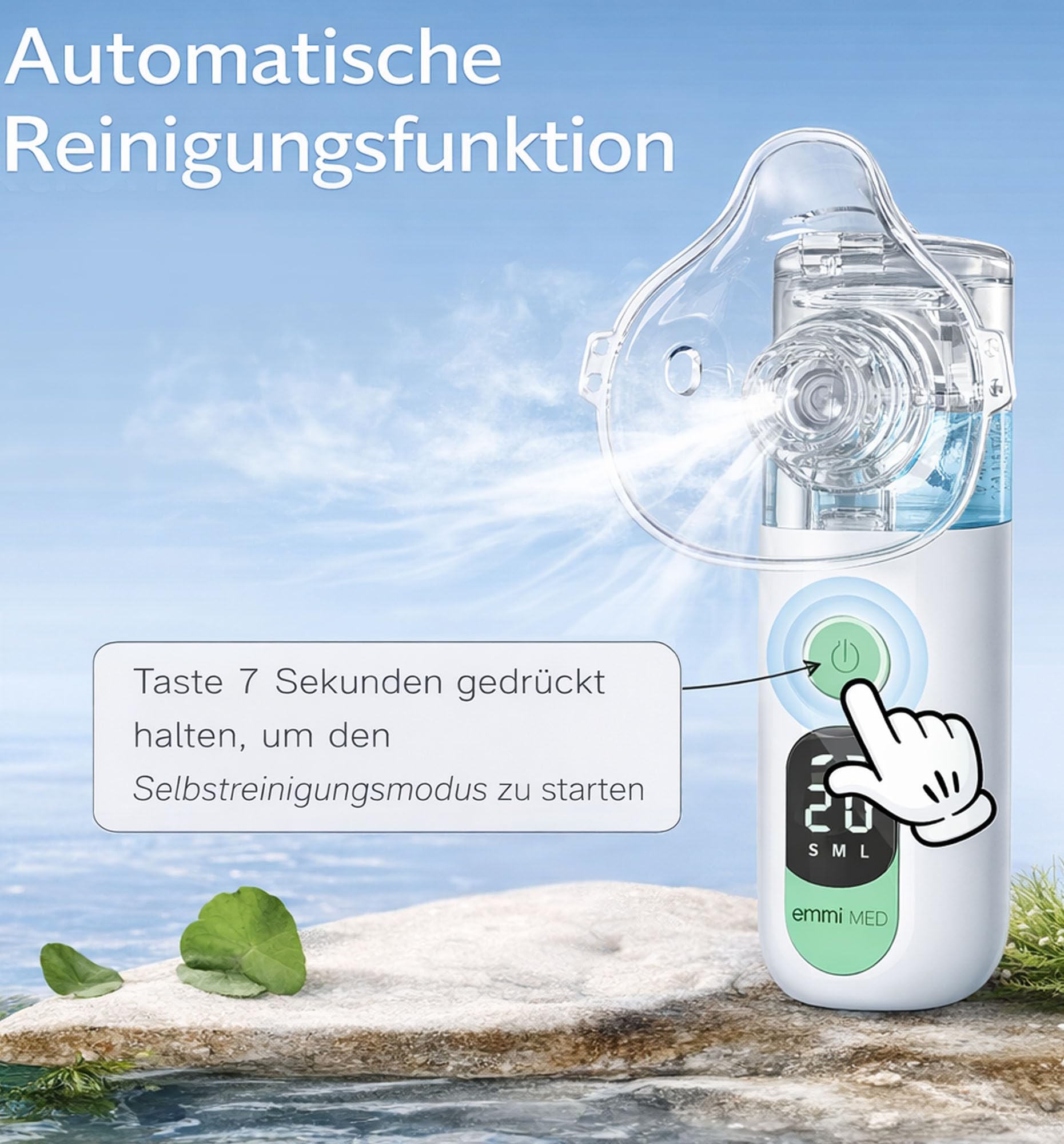 emmi MED - Inhalador para niños y adultos, pantalla LED, incluye 2 máscaras y 1 boquilla, función de limpieza automática, nebulizador, inhalador personalizable e ideal para viajes