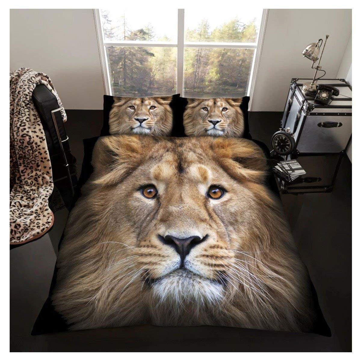 Easy Care 3D Forest Print Duvet Cover, Soft & Cosy Safari Bedding Wildlife Quilt Set, Lion, Double