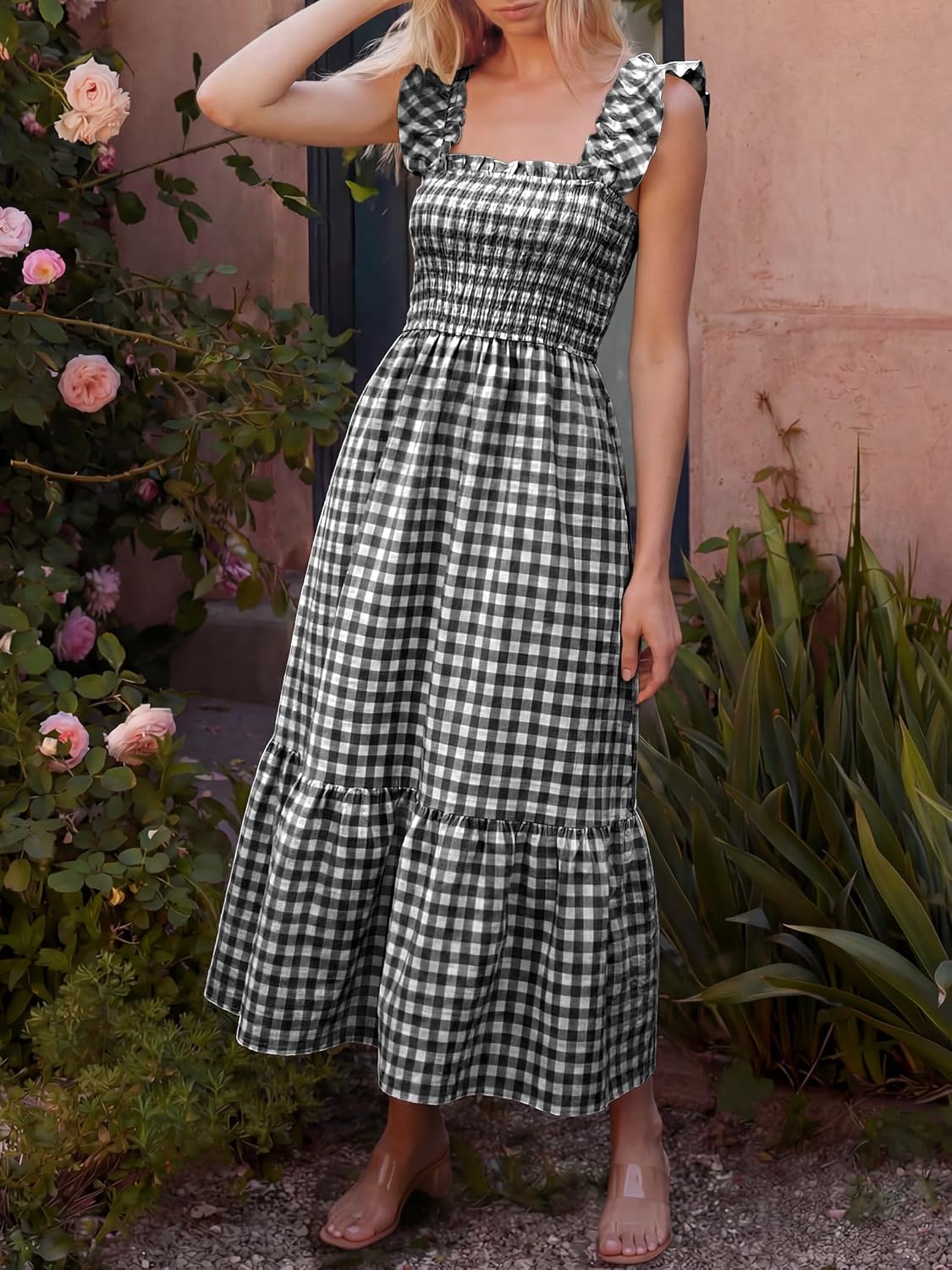 Caracilia Womens Summer Casual Maxi Dress Ruffle Spaghetti Strap Gingham Smocked Long Dresses 2026 Spring Vacation Sundress - Image 3