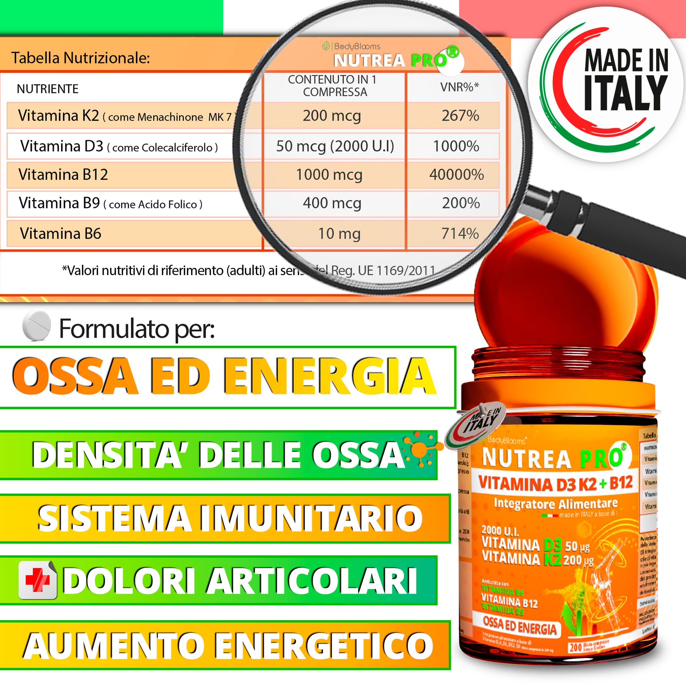 Vitamina d3 k2 2000UI - 200 Micro Compresse vit d3 k2 Arricchite con B12 e Acido folico. Supporto completo per ossa, muscoli ed energia - Integratore di Vitamina D senza glutine. Made in Italy